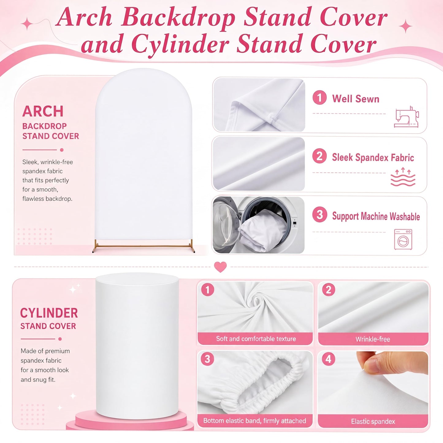 ArtSocket White Cylinder Pedestal Stand Covers Set of 3, 7.2FT Arch Backdrop Stand and White Arch Cover Set, Elastic Spandex Cloth Plinth Pillar Cover for Wedding Birthday Parties Event Decor Props