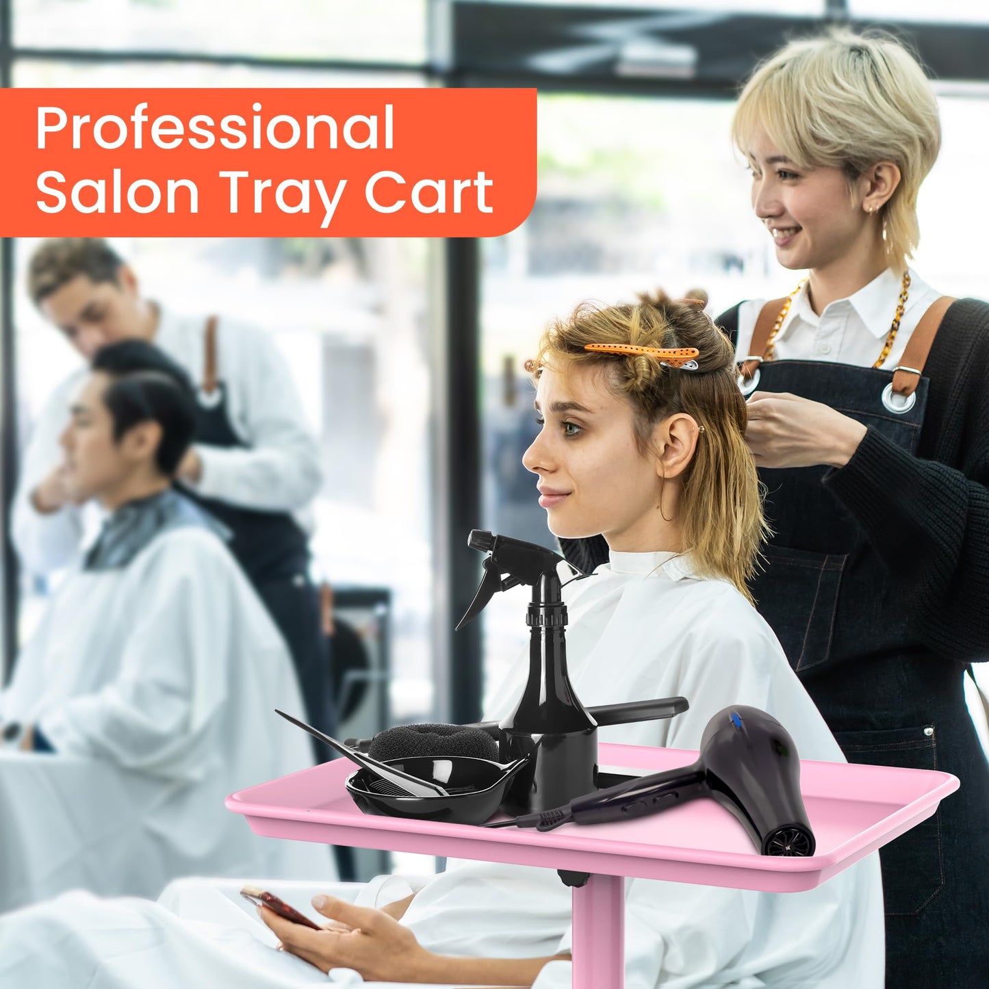 TASALON Premium Salon Tray on Wheels, Aluminum Salon Rolling Tray Trolley for Salon Essentials, Adjustable Height Provides Ample Storage for Hairstylist, Tattoo and Clinic Use - Pink