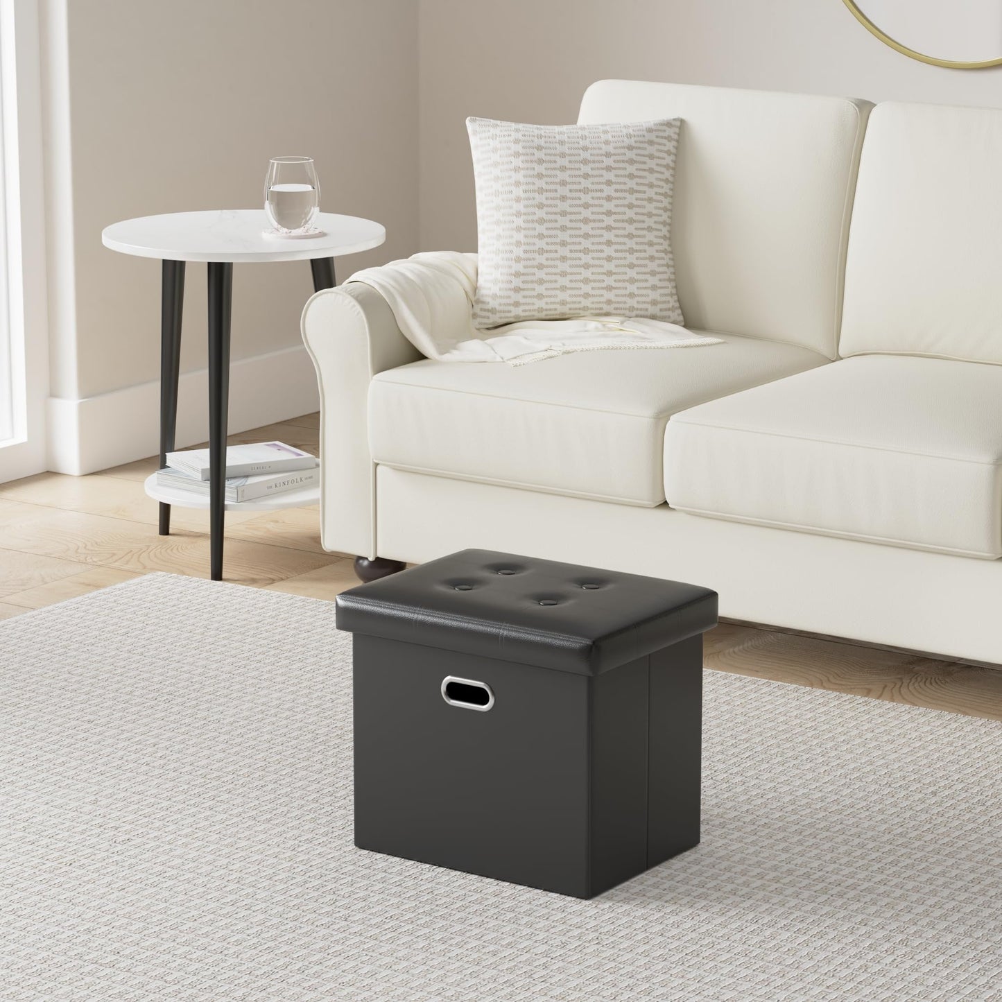 COSYLAND Ottoman with Storage Folding Leather Ottoman Footrest Foot Stool Brown Ottoman for Rooms Small Rectangle Collapsible Bench Furniture with Handles Lid 17x13x13in