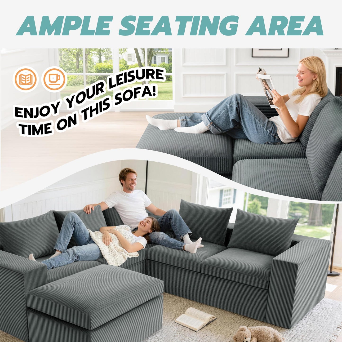 96'' Cloud Sectional Couch, Boneless Sofa for Living Room, Modular Sectional Sofa with Deep Seat, Upholstered U Shaped Convertible Sectional Couches with Ottoman & Layered Cushion, No Assembly (Grey)