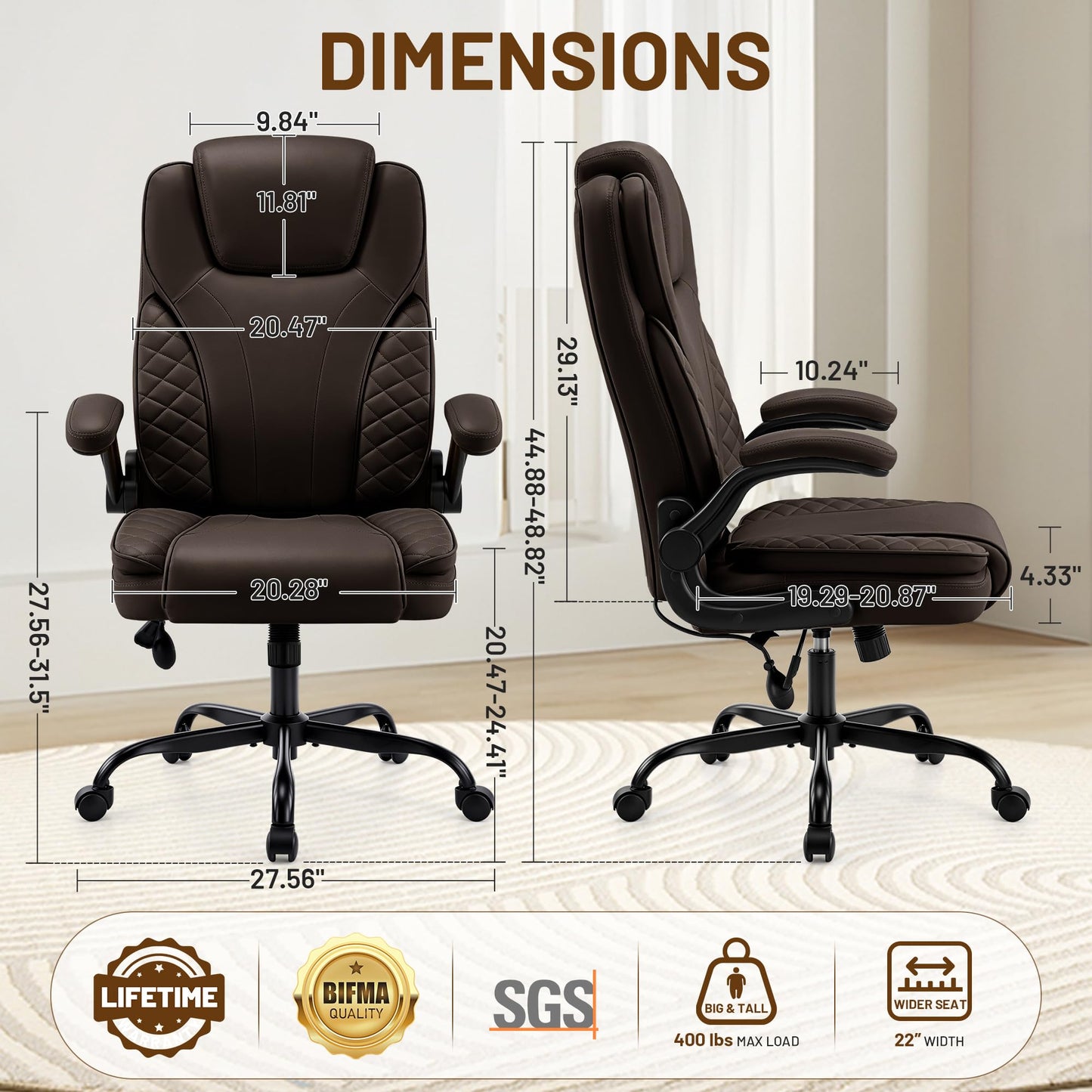 Hayelf Ergonomic Office Chair, PU Leather High Back Executive Chair with Adjustable Inflatable Lumbar Support and Padded Flip-Up Arms, Recline Swivel Task Computer Chair for Home Office, Dark Brown