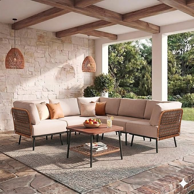 6-Piece Patio Conversation Set, Outdoor Sectional Sofa Modular Wicker Furniture