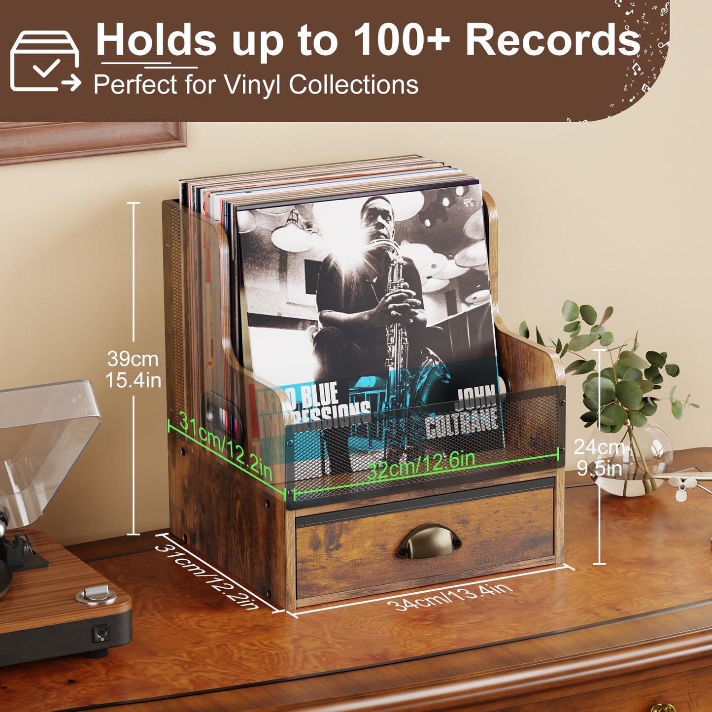 JunVpic Vinyl Record Storage Crate with Drawer – Wooden & Metal LP Record Holder Box for Home, Desktop & Music Room, Holds 100+ Vinyl Albums, Books, and Files