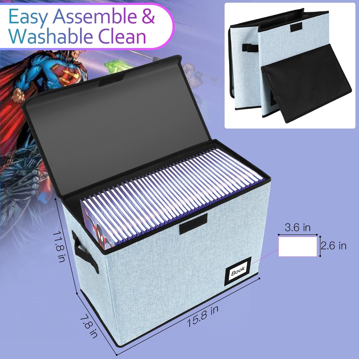 YNSZAS 2 Pack Comic Book Storage Box, Comic Protector Organizer, 15.8" X 7.8" X 11.8", Collapsible Comic Short Box, Holds 160-180 Comic Book Container Holder Shelf Bin (Blue)