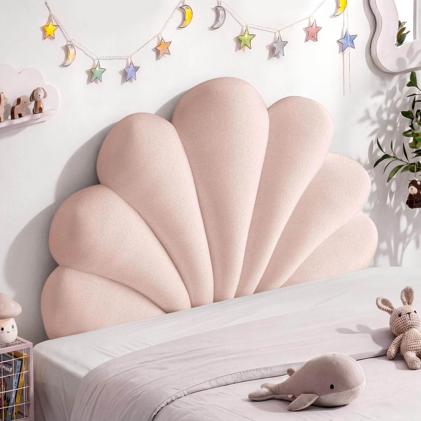 Rucener Queen Size Seashell Headboard Cushion, Soft PP Cotton Filled Upholstered Shell Headboard Pillow, Aesthetic Scalloped Wall Panel Free Standing, Coastal Decor for Teen Grils Bedroom (Pink)