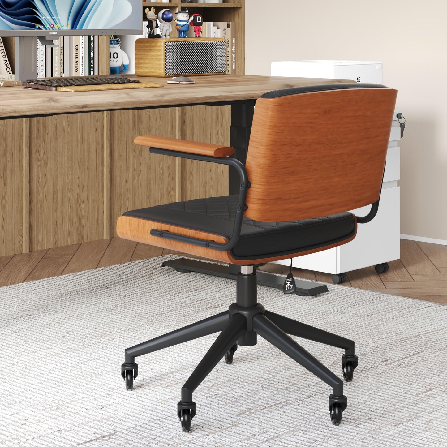 CoVibrant Ergonomic Office Chair with Rubber Wheels & Walnut Arms - PU Leather Mid-Back Desk Chair, Adjustable Height, Bentwood Backrest | Swivel Rocking Design for Home Office, Meeting Room, Study