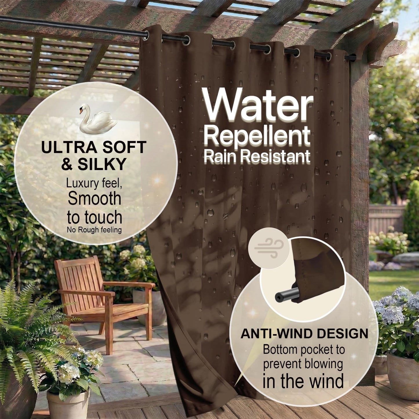 Water Proof Outside Curtains with Grommet Top for Porch, Thermal Insulated Washable Light Block Outdoor Divider Drapes for Patio Gazebo Deck Pool Area Pergola Cabana (W84 x L95, Brown, 2 Panels)