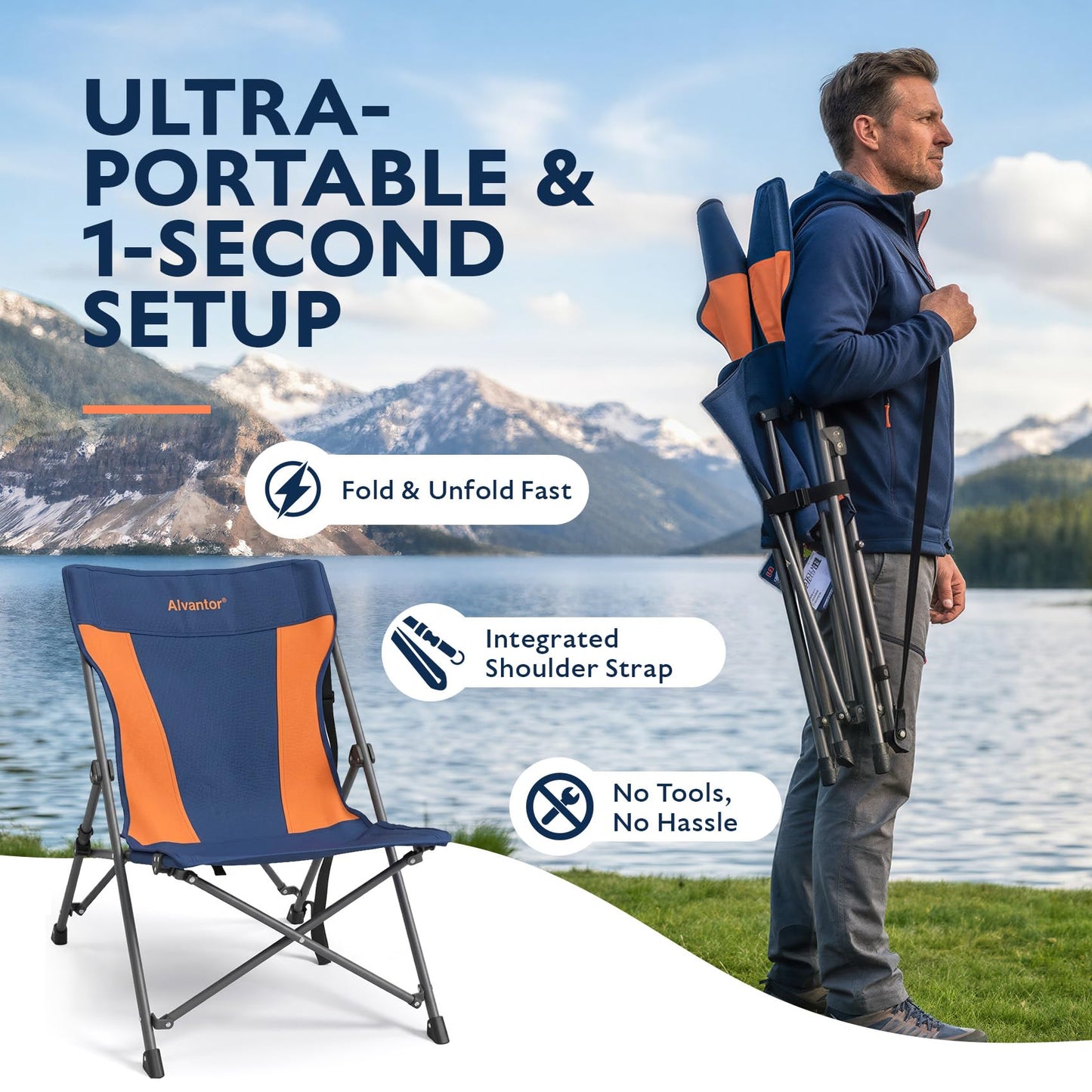 Alvantor® Camping Chair, High Back Folding Beach Chair Breathable for Outdoor, Ergonomic Backrest, Easy Use Portable Lawn Chair Seat for Travel, Fishing, Pinic, Sports Events, 20"x28"x28"