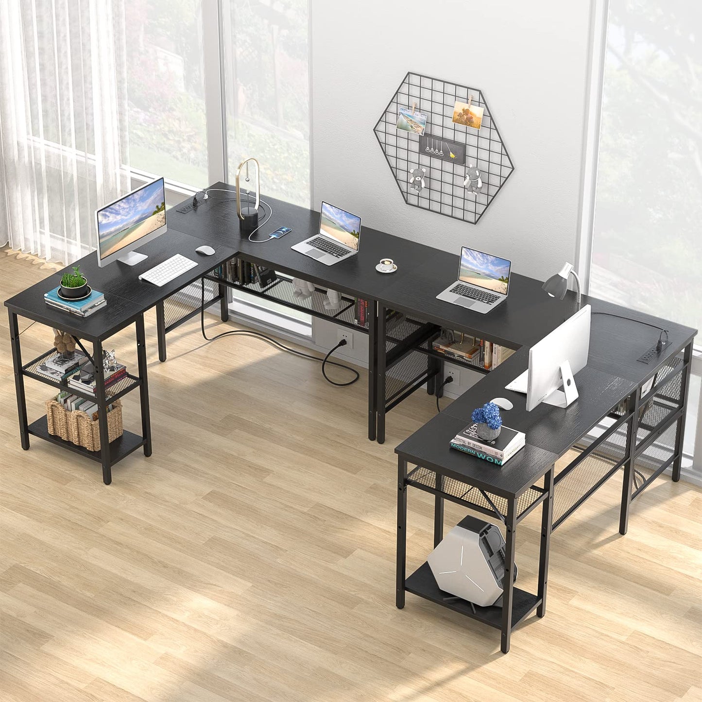 Unikito L Shaped Desk with USB Charging Port and Power Outlet, Reversible L-Shaped Corner Computer Desk with Storage Shelves, Industrial 2 Person Long Gaming Table Modern Home Office Desk, Dark Black