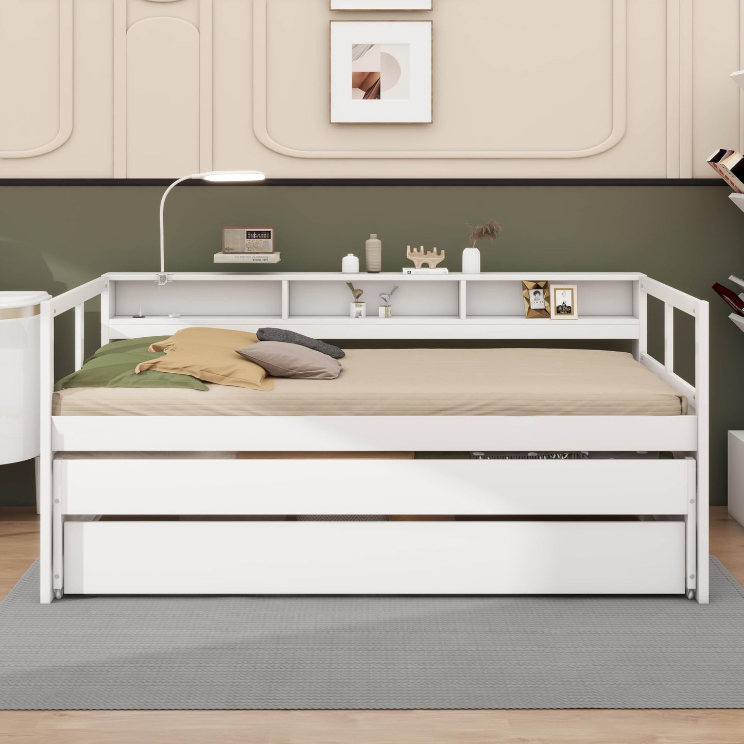 YunNianYang Twin XL Wood Daybed with 2 Trundles, 3 Storage Cubbies, 1 Light for Free and USB Charging Design (White)