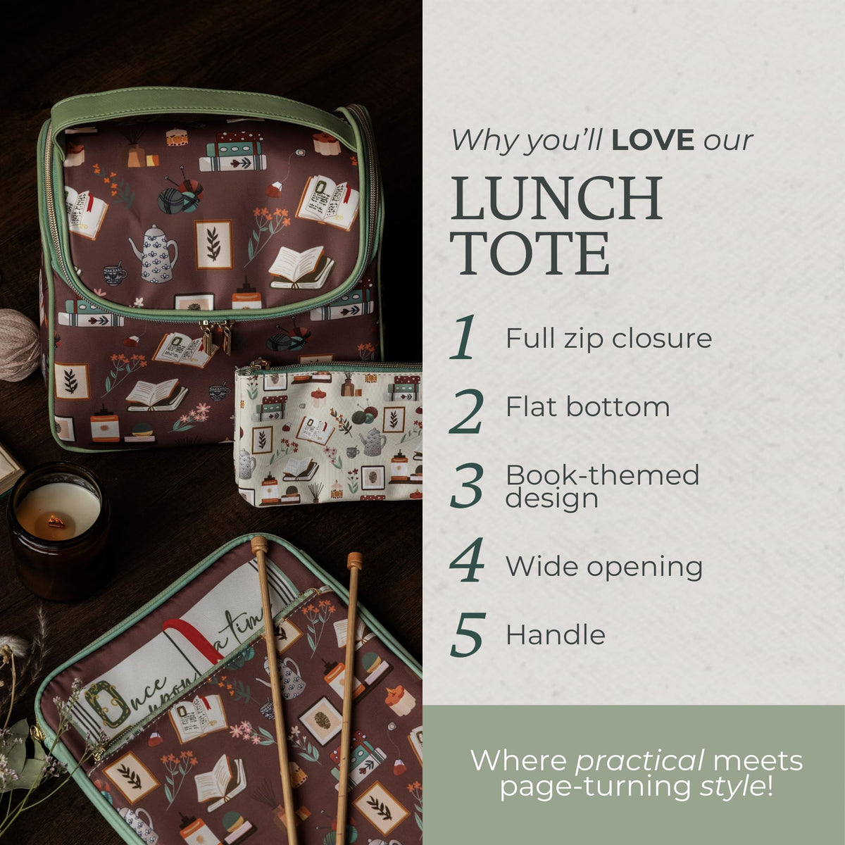 Steel Mill & Co Insulated Lunch Tote Bag for Women, Large Capacity Cooler Lunch Box, Cute Lunch Bag for Adults, Wide Opening Cooler with Zipper Closure, and Sturdy Handles (Book Nook Brown)