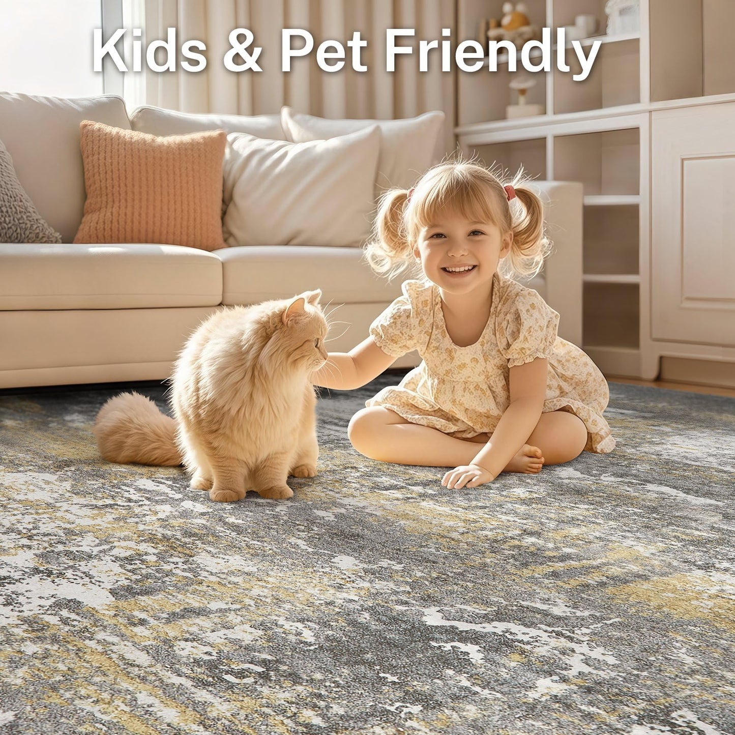 Micgeek Area Rug Living Room - 9X12 Abstract Washable Large Soft Foldable Non Slip Rug Neutral Modern Low Pile Carpet for Bedroom Nursery Dining Room Farmhouse Home Office Indoor - Grey Gold