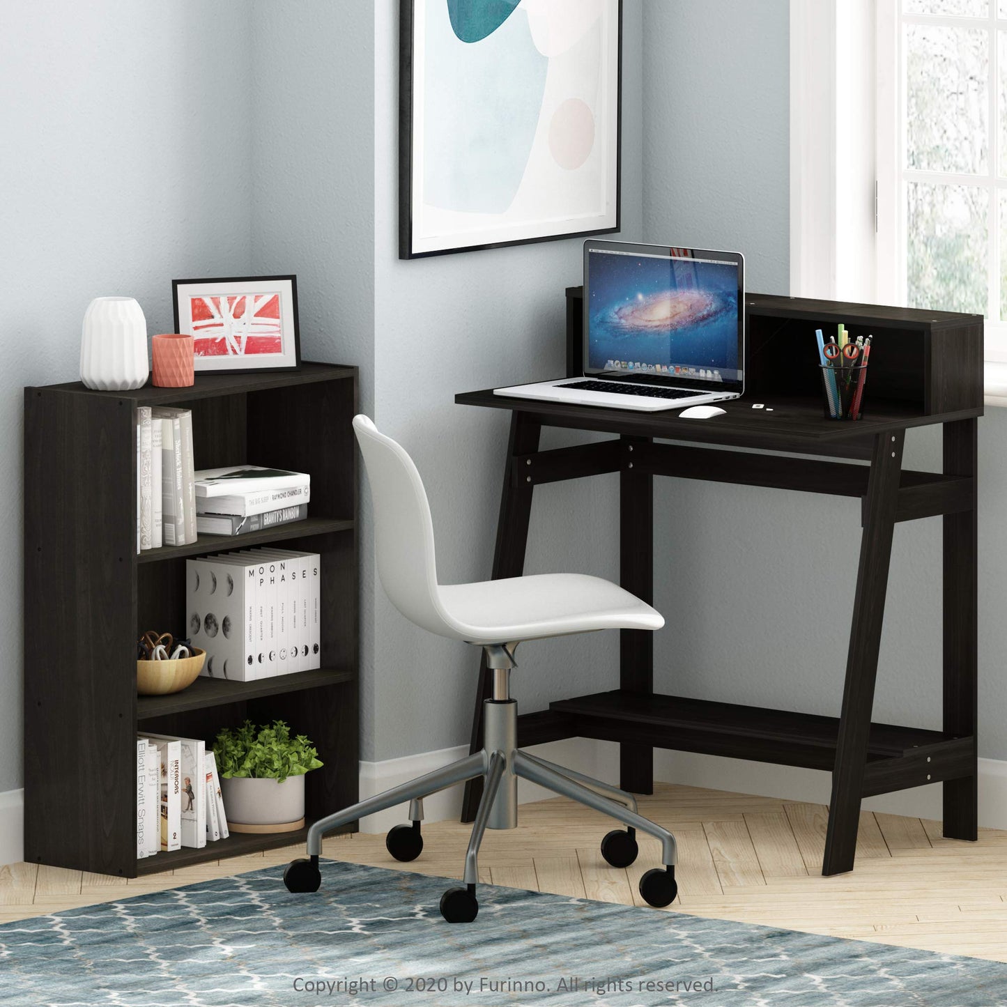 Furinno Simplistic 32-Inch Black Computer Desk, Small Office Desk, Rectangular Home Office Desk with Shelf, Gaming Desk for Home Office, Bedroom, Study Room, Black Espresso