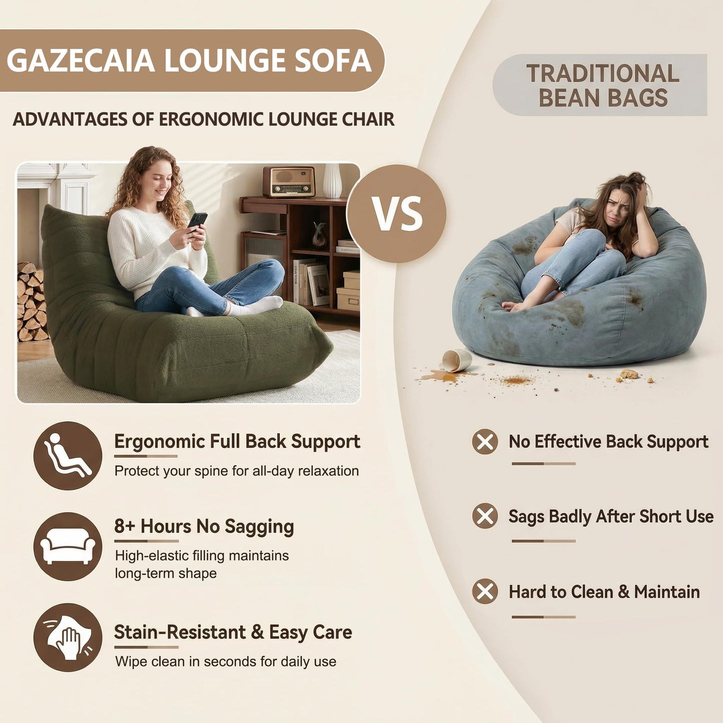 Gazecaia Comfy Bean Bag Chair for Adults Teens | Fireside Floor Lounge Chair, Soft Teddy High-Resilience Memory Foam Bean Bag Couch with Non-Slip Base, for Living Room Bedroom Apartment Office, Green