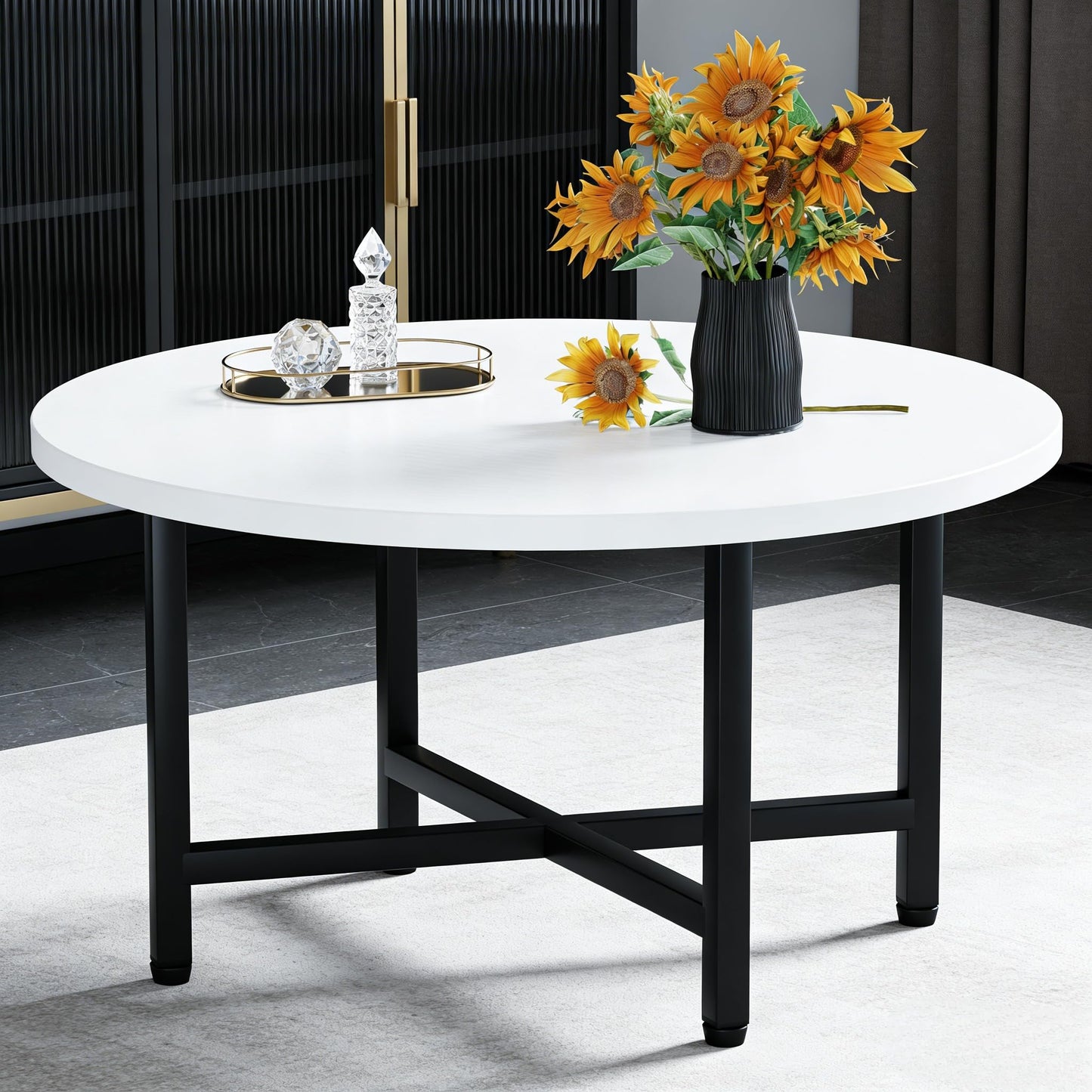 FURMORENE Coffee Table, 23.6" Small Coffee Tables, Gray Round Coffee Tables for Living Room, Floor Table for Sitting on The Floor, Center Coffee Table with Metal Frame for Office Apartment Home, White