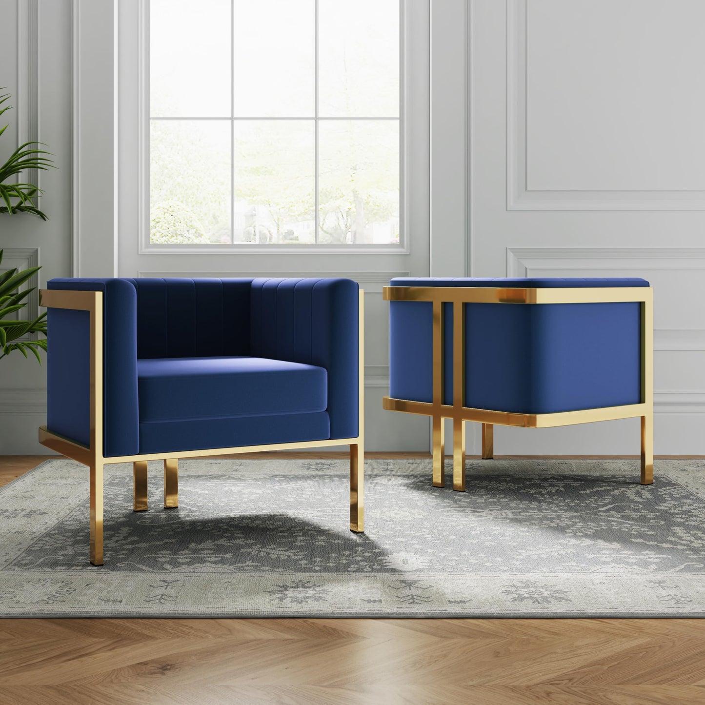 Manhattan Comfort Paramount Velvet Accent Armchair Set of 2, Polished Brass Frame with Geometric Legs, Art Deco Chair, 1920s Glamour, Fully Assembled, Living Room Lounge Seat, Royal Blue