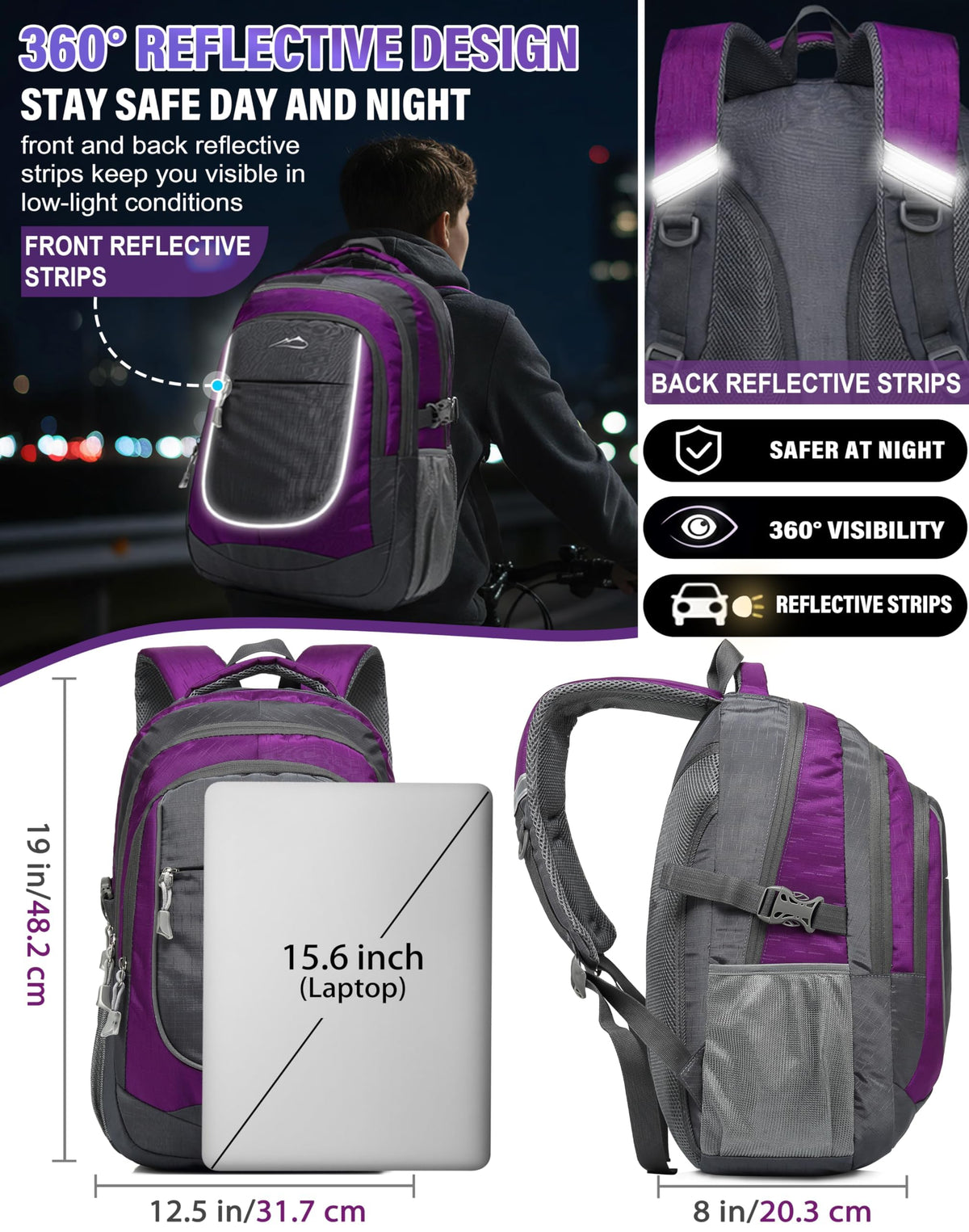 ProEtrade Backpack Bookbag for College Sturdy Travel Business Hiking Fit Laptop Up to 15.6 Inch Multi Compartment Gifts for Men Women Night Light Reflective (Purple A)