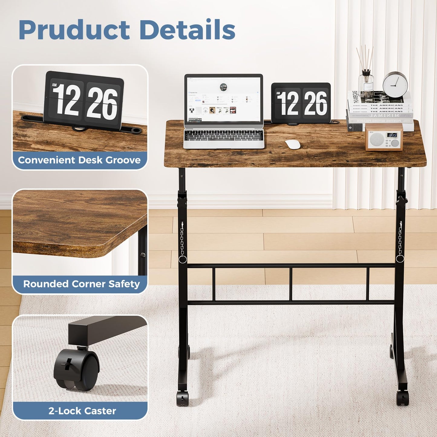 DUMOS 31.5" Adjustable Height Mobile Desk with Locking Wheels & Pin-Lock, Portable Workstation for Walking Pad & Active Home Office, Small Bedroom Desk, Rustic Brown