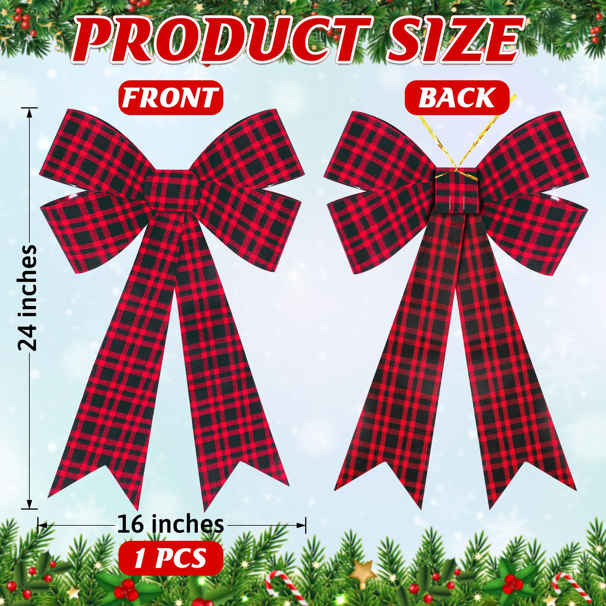 1 PCS Christmas Bows, 16x24 In Large Christmas Tree Bows, Velvet Black Red Xmas Bows for Buffalo Plaid Christmas Tree Decorations Plastic Xmas Home Party Decor Supplies for Fence Railing Stairs Door