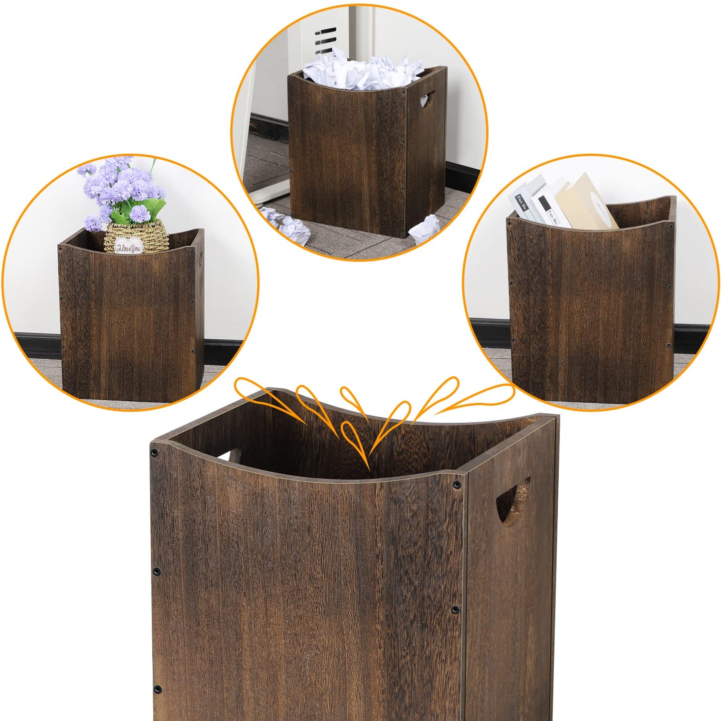 Vrisa Wood Trash Can 5.3 Gallon Office Wastebasket Farmhouse Rectangular Garbage Can with Built-in Handles Small Trash Can for Bedroom Office Kitchen Bathroom Under Desk Large Storage