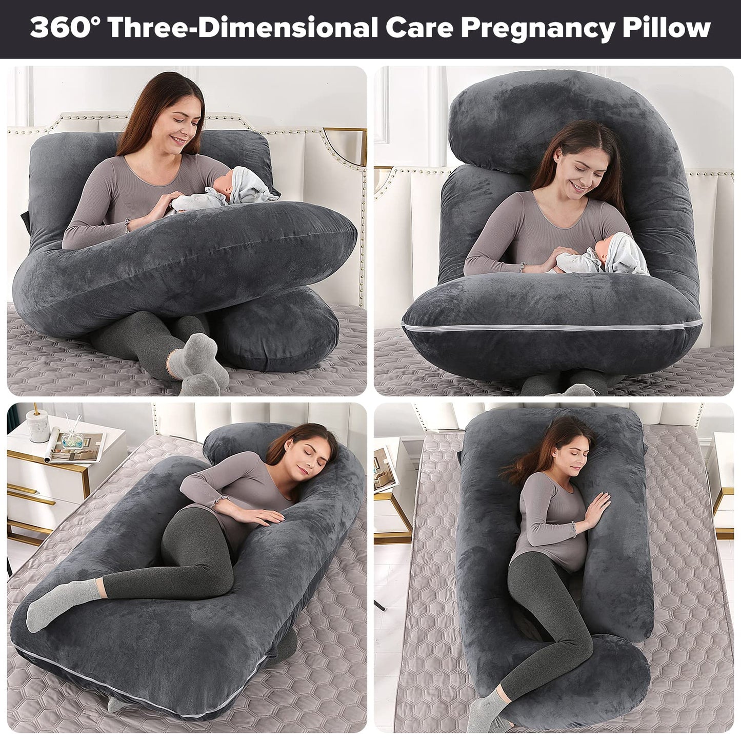 U-Shaped Full Body Pregnancy Pillow for Sleeping – 57" Maternity Pillow with Removable Cover, Support for Back, Legs, Belly & Hips (Velvet -Black)