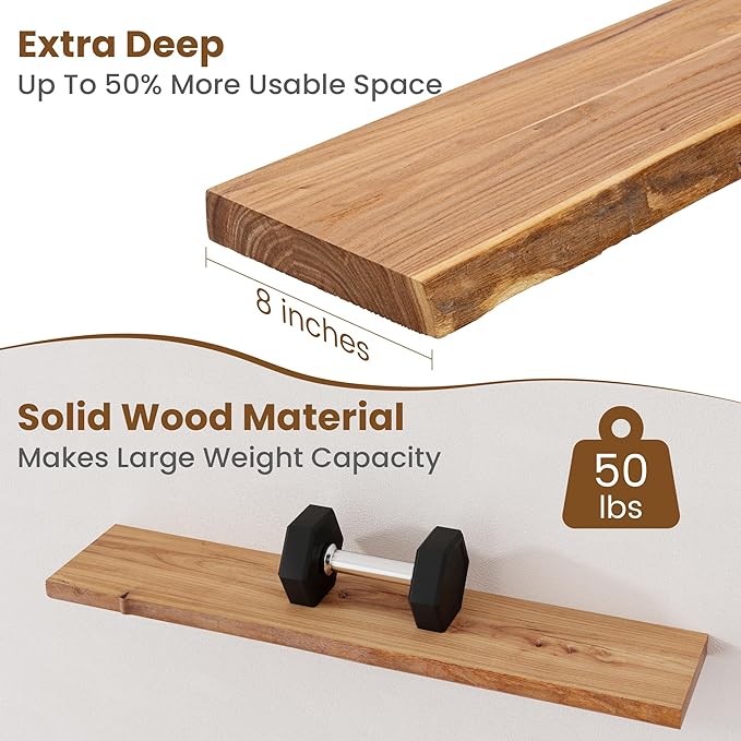 Floating Shelves for Wall Decor, Rustic Solid Elm Wood Live Edge Floating