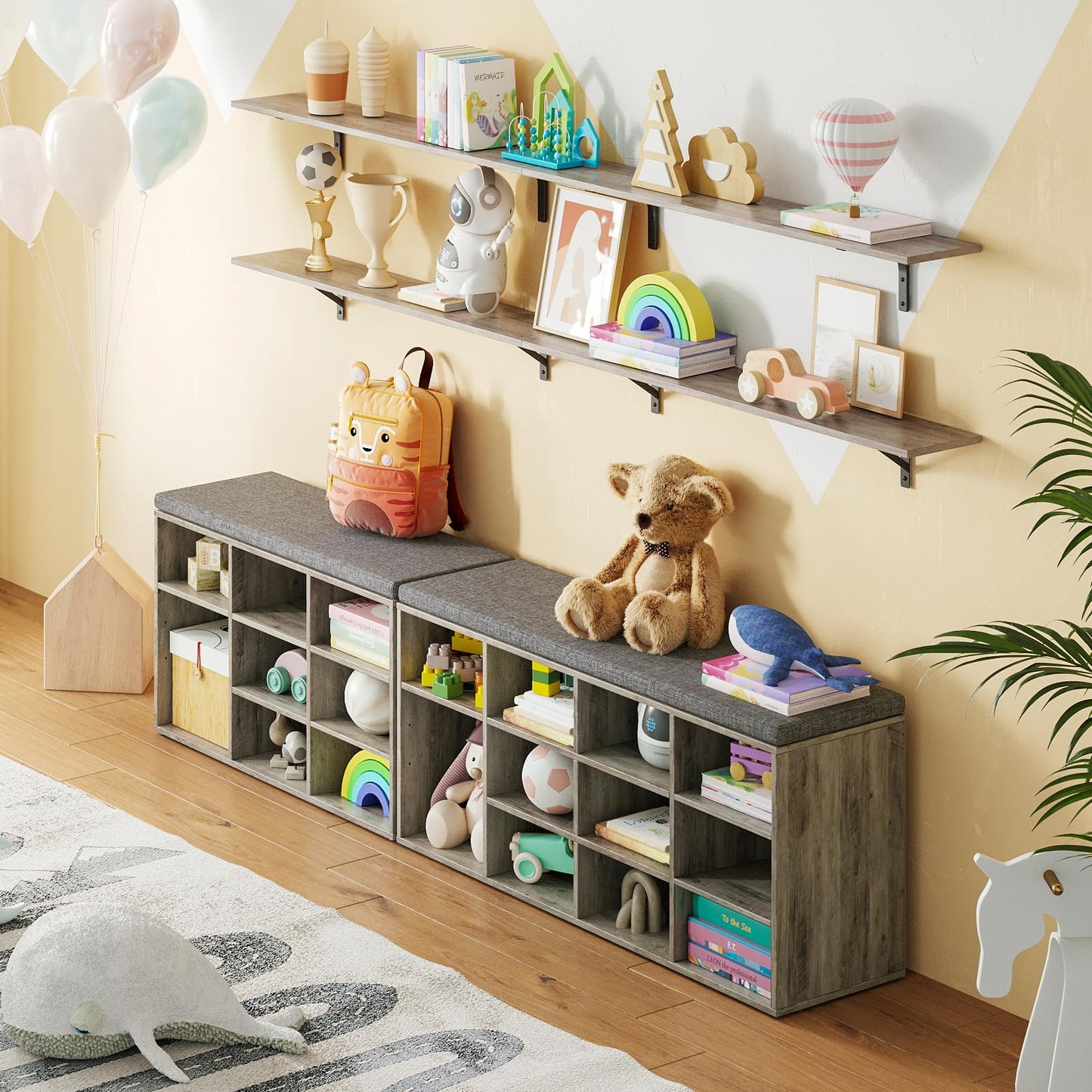 DINZI LVJ Shoe Bench, 9 Cubbies Shoe Organizer for Entryway, Storage Bench with Cushion, Cubby Shoe Rack with Adjustable Shelves for Living Room, Bedroom, Mudroom, Hallway, Gray Wash