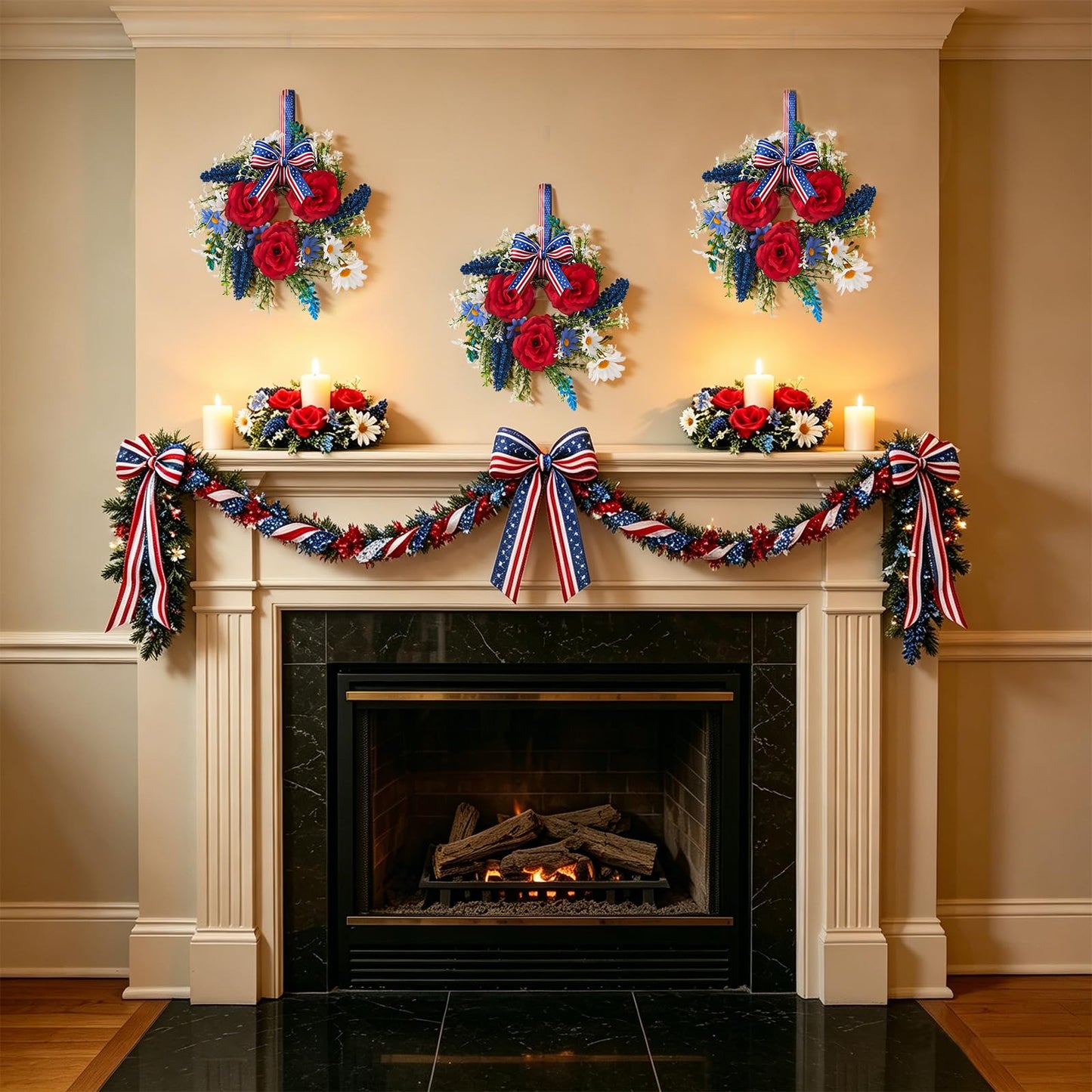 Mini 4th of July Wreath 6Pcs, 11.8 Inch Small Patriotic Wreath with Ribbon, Artificial Rose Lavender Daisy Wreath, Hanging/Tabletop/Candle Ring Decor for Home Front Door, Porch, Wall, Window, Cabinets
