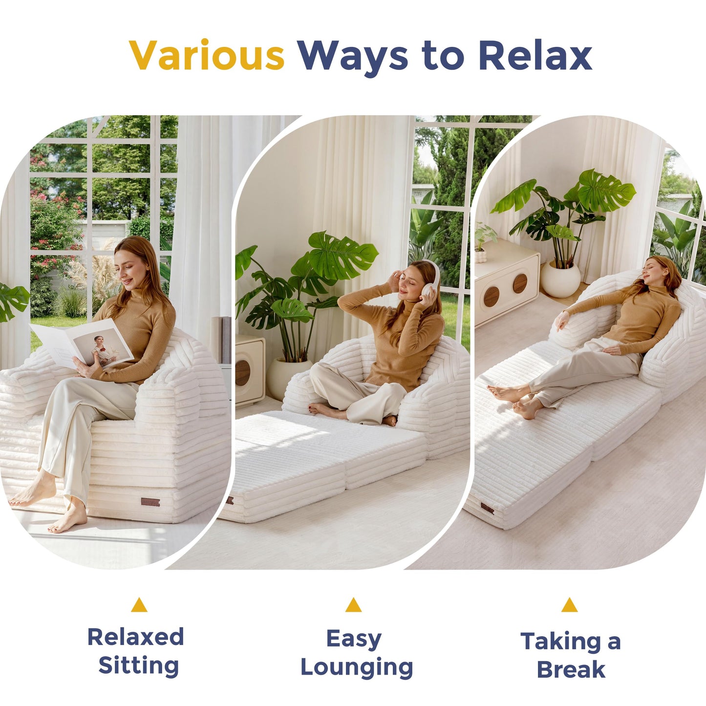 MAXYOYO Folding Sofa Bed, 2 in 1 Convertible Sofa to Lounger Comfy Faux Fur Bean Bag Chair for Adults, Floor Single Couch Chair with Handle, Couch Bed for Living Room Bedroom, Beige