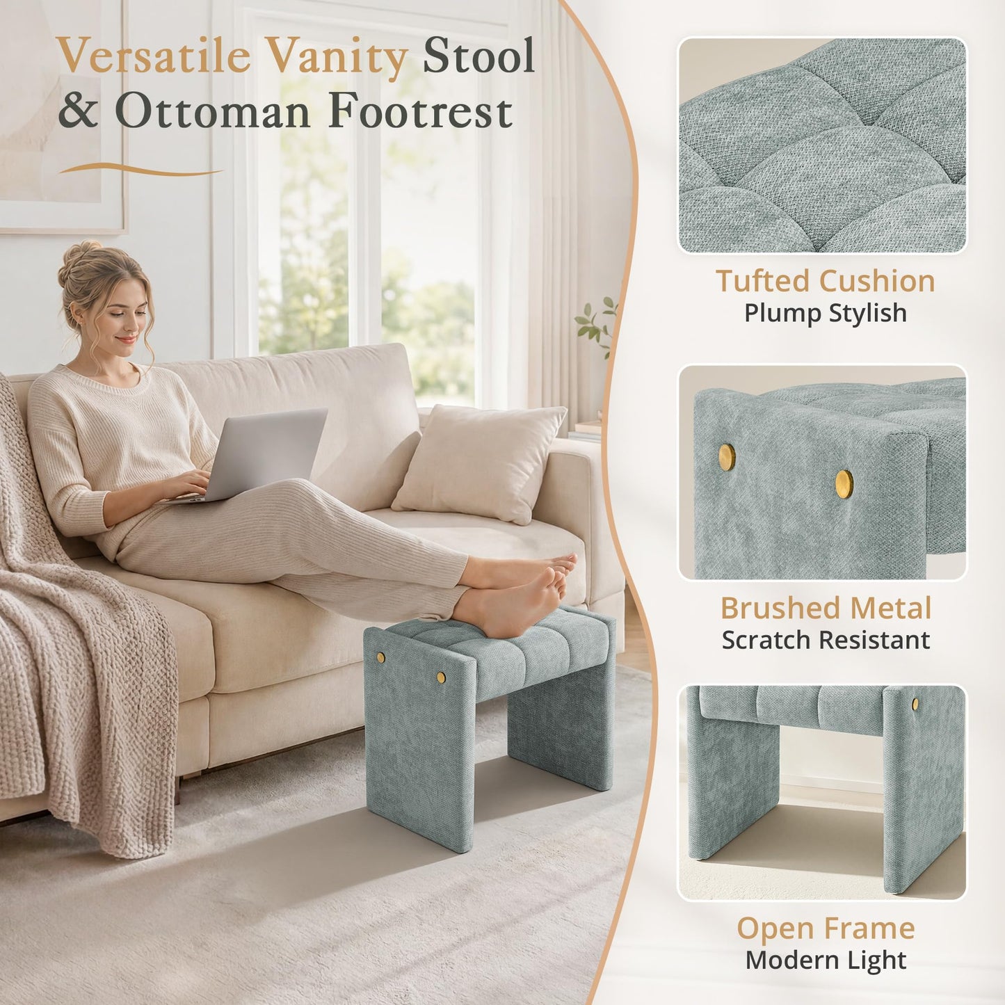 LUE BONA Modern Grid Tufted Vanity Bench Stool, 4.33'' Thick Chenille Upholstered Ottoman Footstool for Makeup Room, Bedroom & Living Room, 200lbs Capacity, Smoky Blue