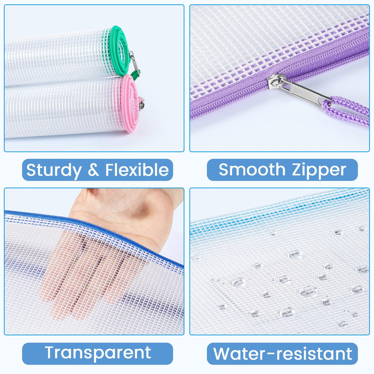 Sooez 20 Pack Mesh Zipper Pouch Bags, A4 Letter Size, Zipper Bags with Label Pocket, Waterproof Bag for Classroom Organizer, School Office Teacher Supplies, Storage Pouches for Board Game Toy Storage
