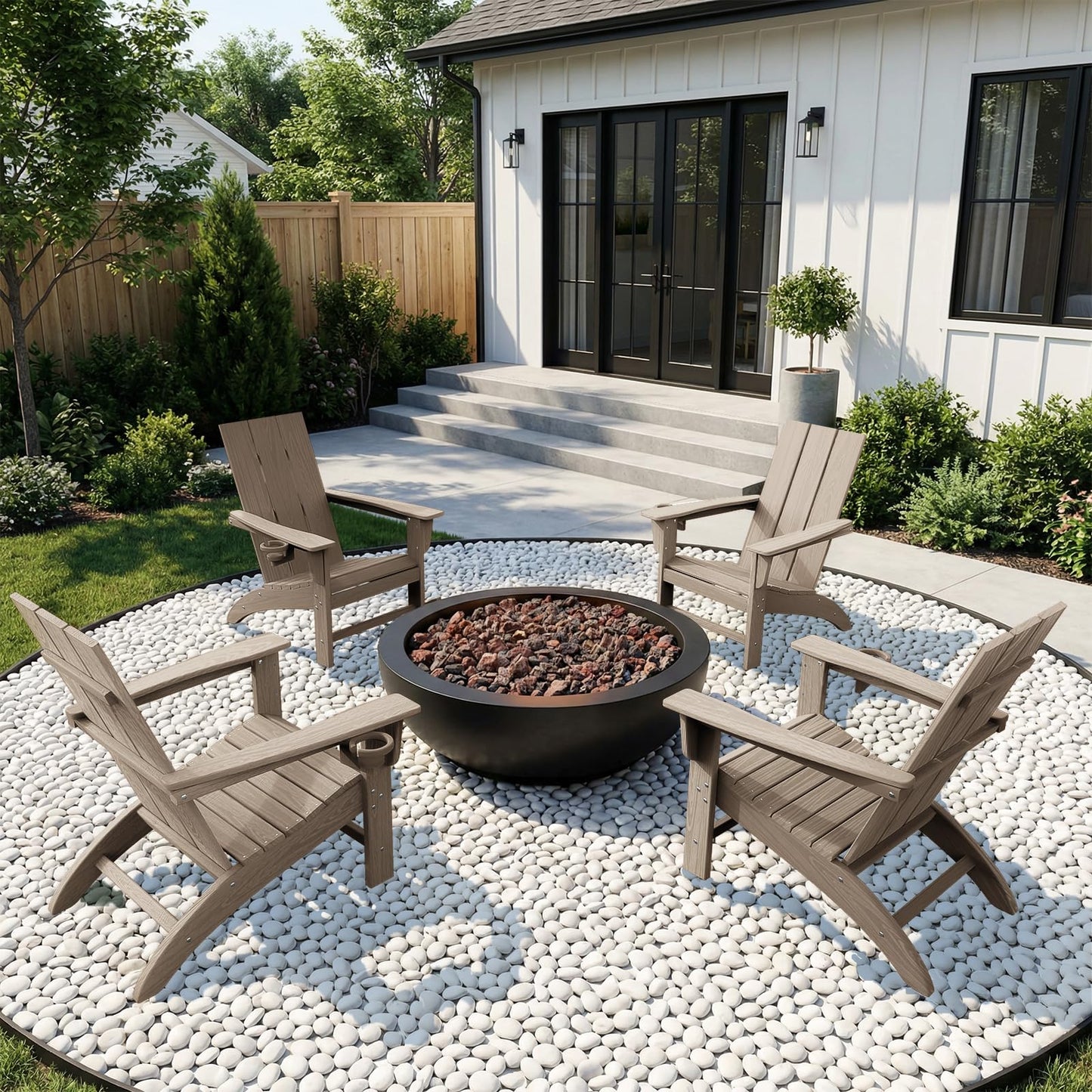 POLYDUN Modern Adirondack Chair, HDPE Plastic Patio Chairs for All Weather, Fire Pit Chair, Outdoor Lawn Chairs for Deck, Porch, Backyard, Garden, Weathered Wood