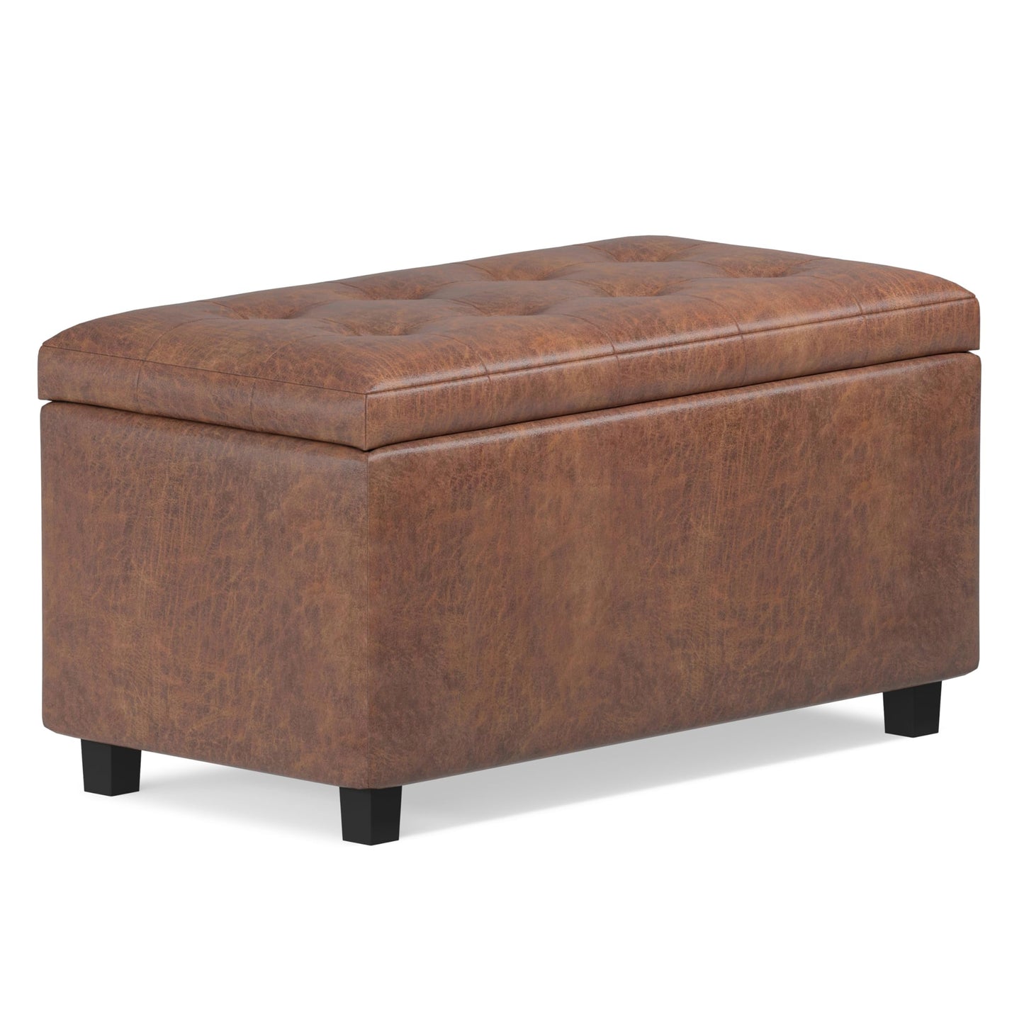 SIMPLIHOME Cosmopolitan Storage Ottoman - 34 inch Wide Upholstered Vegan Leather Rectangle Storage Ottoman Bench in Distressed Saddle Brown, Transitional Tufted Ottoman for Entryway with Lift-Up Lid
