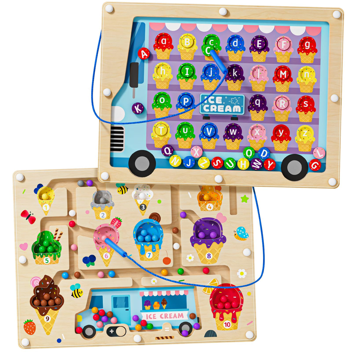 UMEREACT 2 in 1 Magnetic Color and Number Maze Double-Sided ABC Alphabet Puzzles Board Magnet Dinosaur Counting Maze Preschool Learning Montessori Education 3 4 5 Years Toys (Ice Cream, One Size)