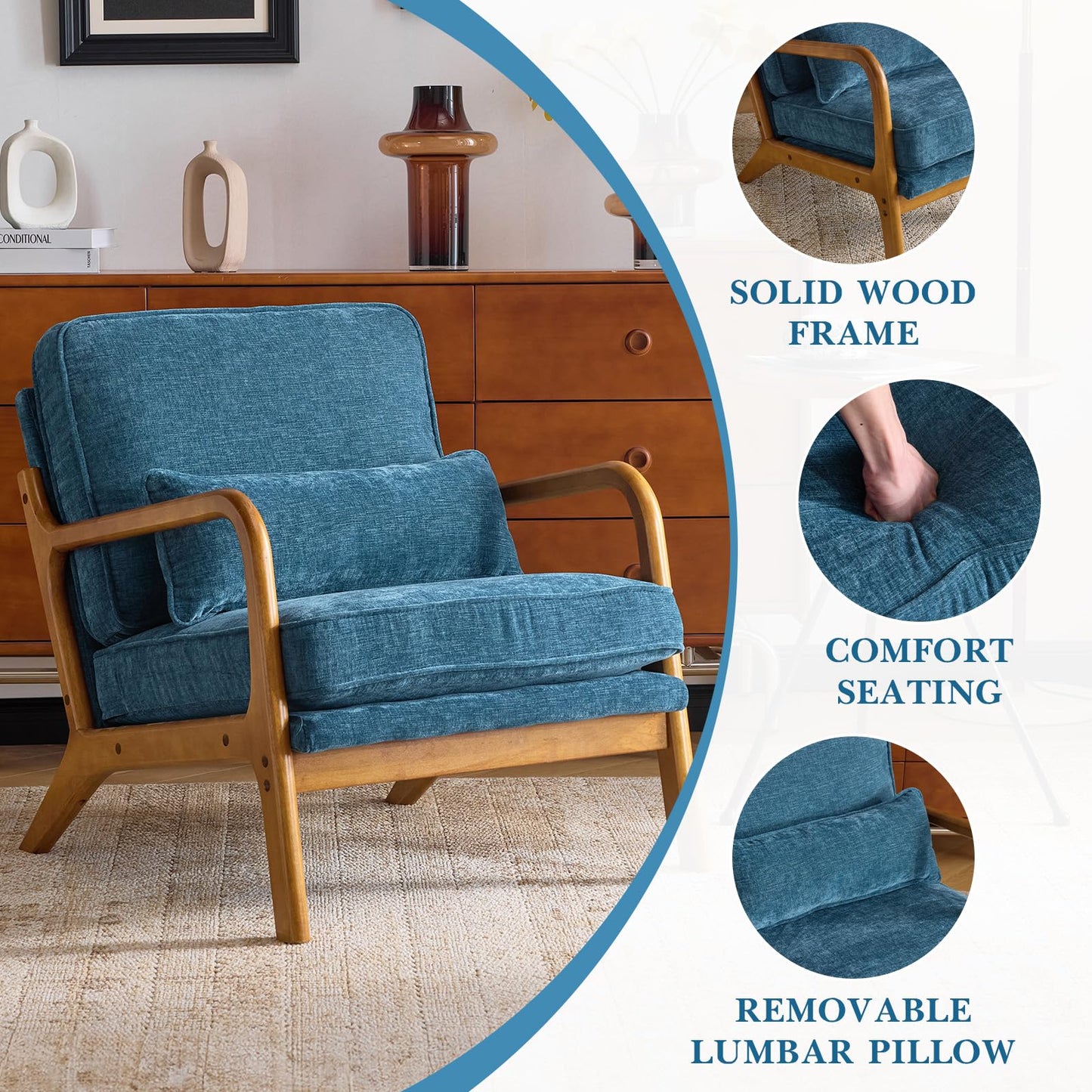 Karl home Mid Century Modern Accent Chair with Lumbar Pillow & Oak Arms – Plush Chenille Living Room Chair for Bedroom, Lounge (Blue)