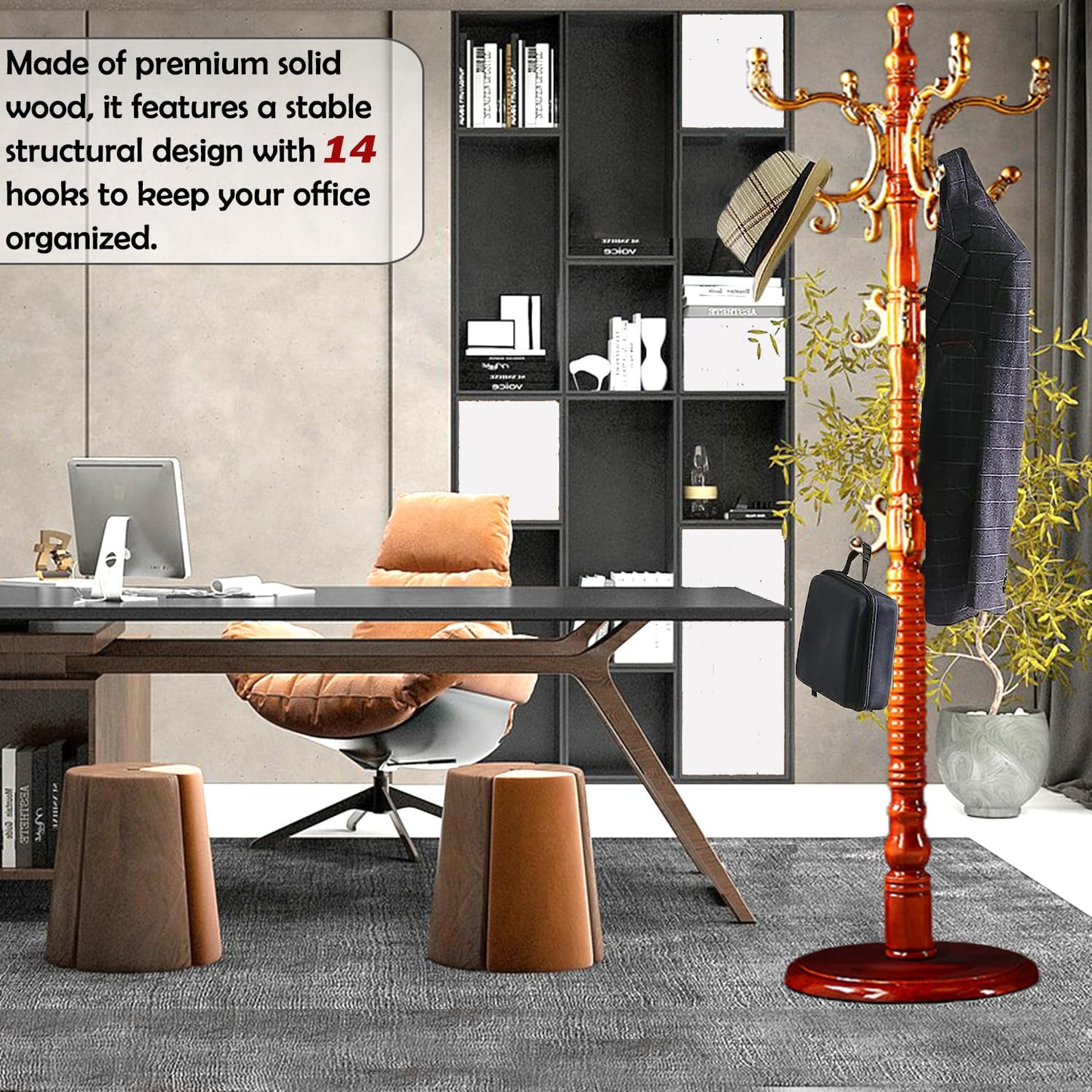 Sauqzoh Coat Racks Free Standing with 14 Hooks, Natural Wood Coat Stands for Entryway, Adjustable Height 73 in Tree Coat Rack Stand for Hallway Home Office Bedroom (Begonia)