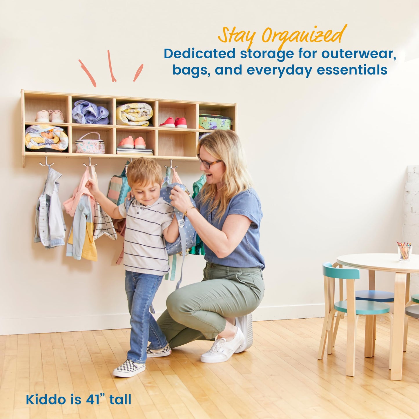 ECR4Kids Streamline 10-Section Wall-Mounted Hanging Cubby Coat Locker, Classroom Furniture, Natural