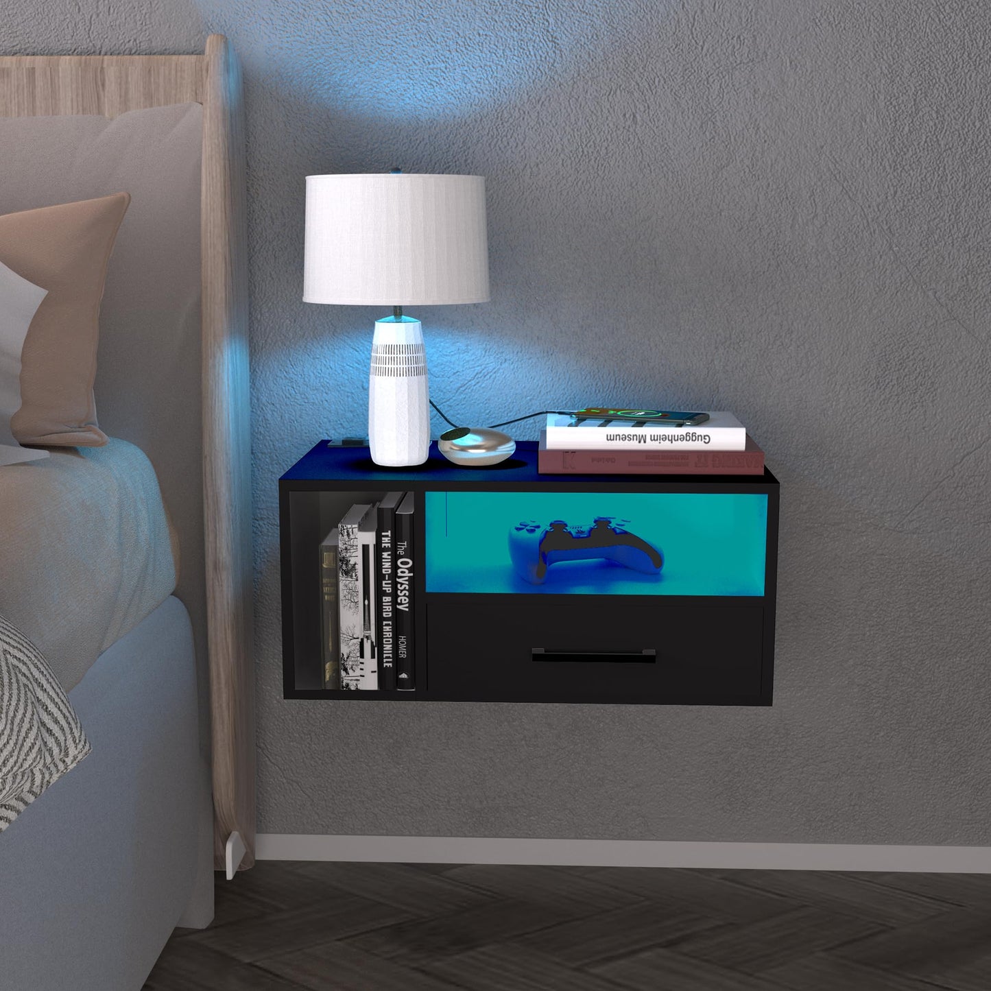 Homaterial Floating Nightstand with Charging Station and LED Lights, Floating Bedside Table with Drawers Wall Mounted Nightstands,for Bedroom Room, 21.3" x 11.8" x 10",Black