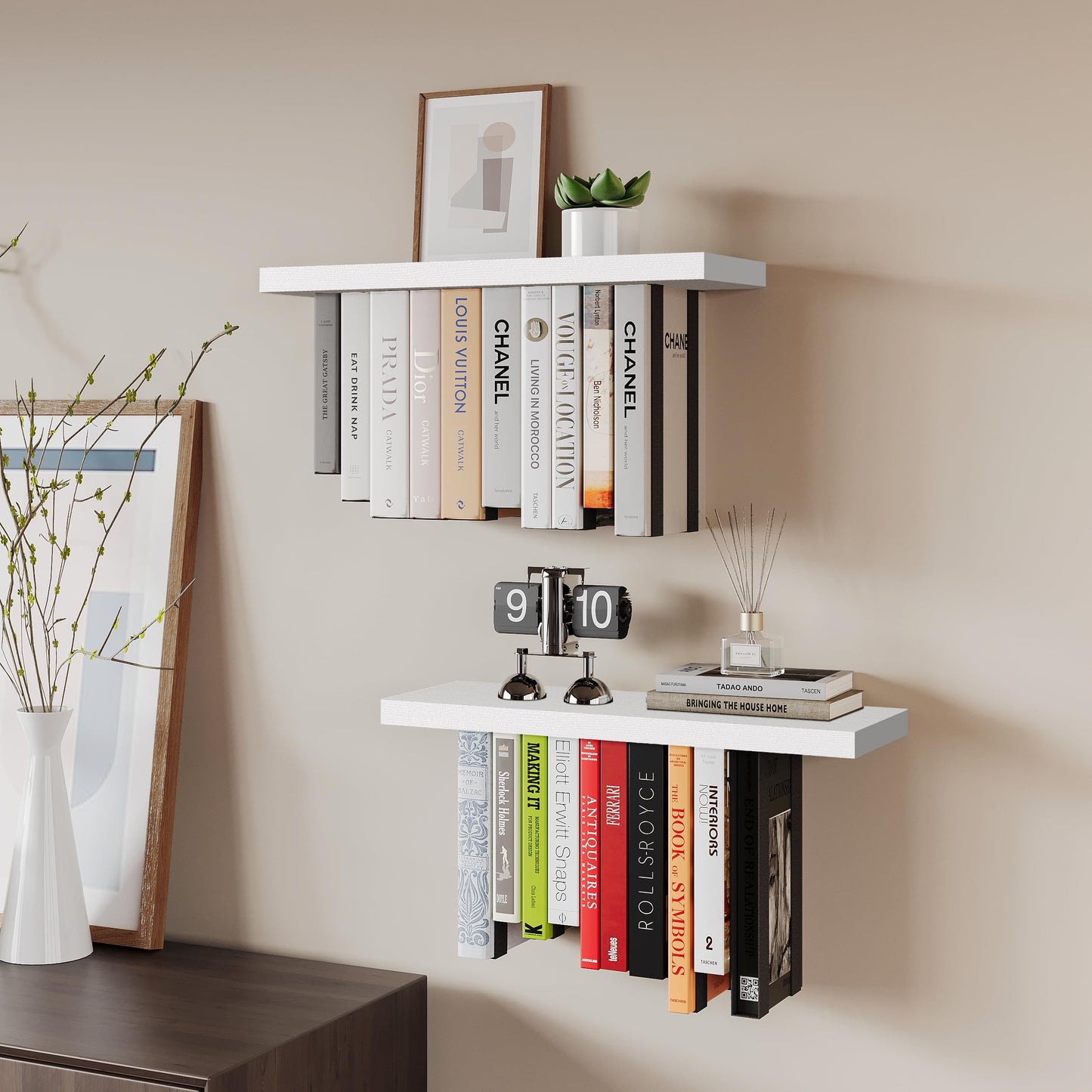 BUTUNITA Floating Bookshelves for Wall, Rustic Wood Hanging Wall Bookshelf, Upside Down Book Shelf and Wall Mounted Bookshelves for Home Decor in Bedroom, Living Room, White 2 Pack