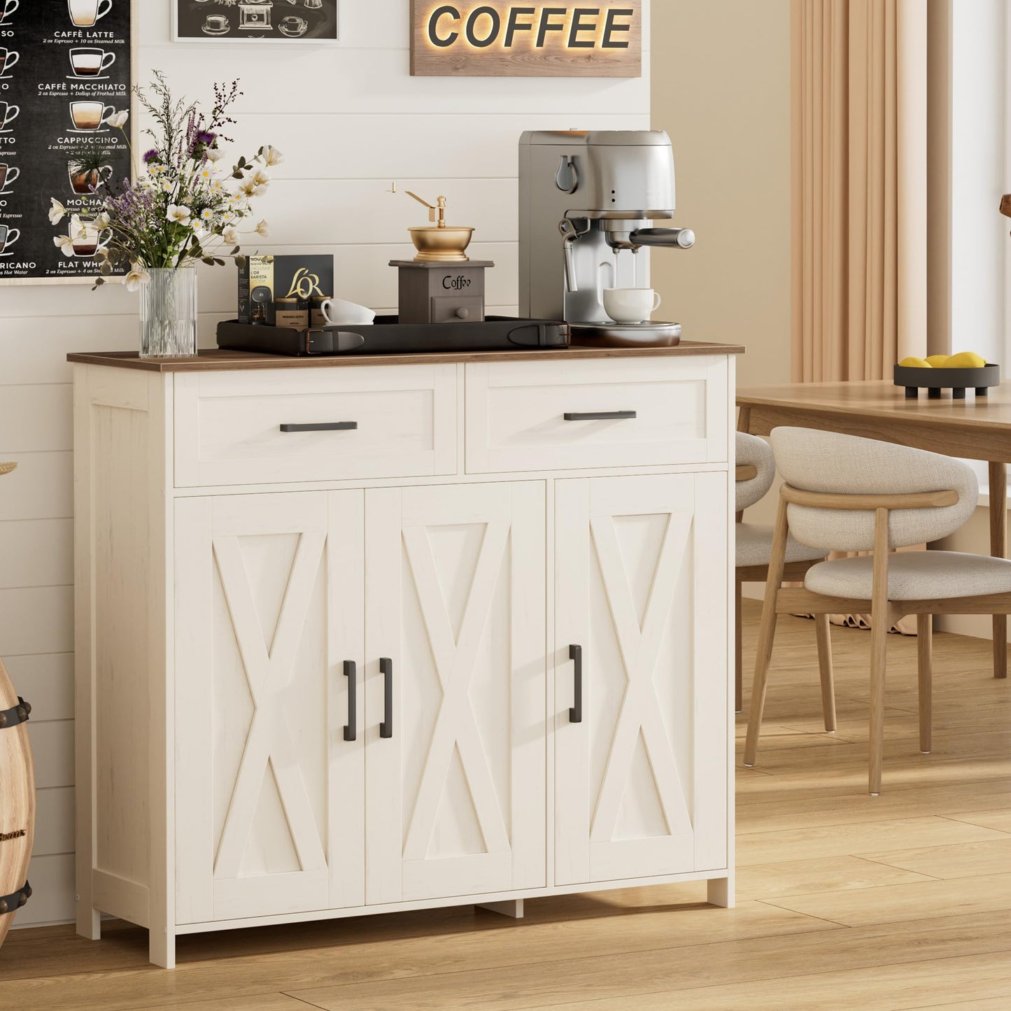 Homhedy Sideboard Buffet Cabinet, Coffee Bar Storage Cabinet with Drawers and Doors, Farmhouse Kitchen Cabinet with Adjustable Shelves, for Kitchen, Dining Room, Living Room, Rustic White and Brown