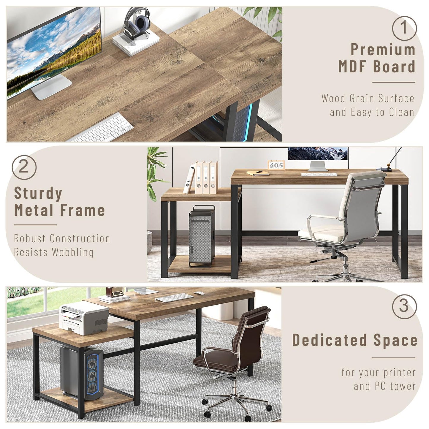 FOLUBAN 63 Inch Large Computer Desk with Printer Space & PC Tower Stand, Modern Wood Home Office Desk Workstation with Storage Shelves, Writing Study Gaming Table, Rustic Oak