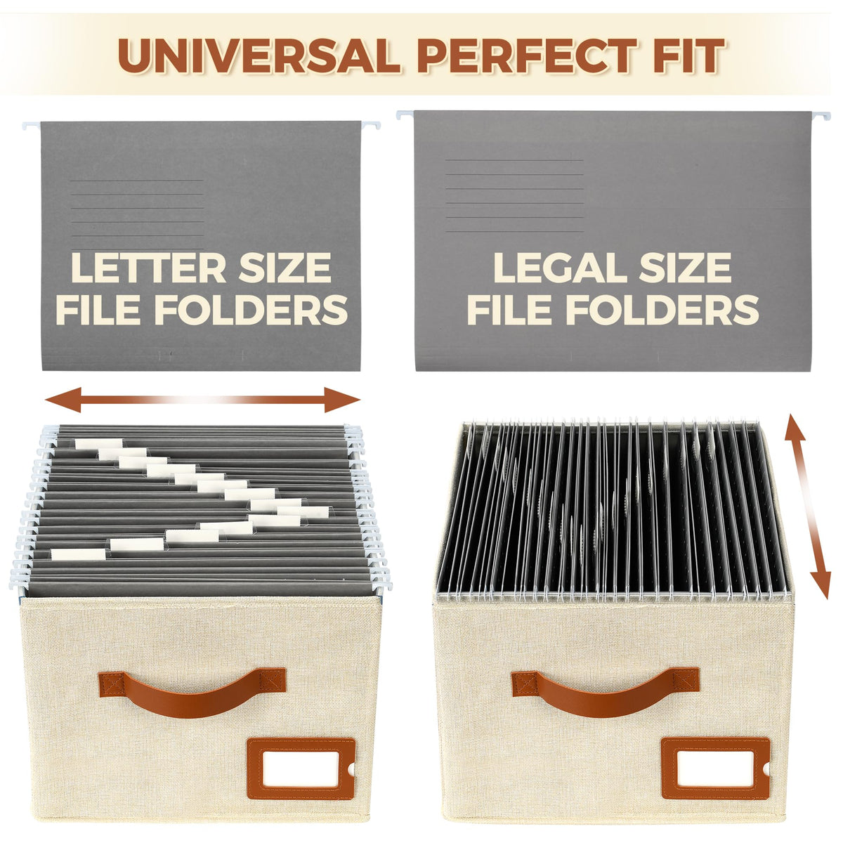 Storage Standard 2-Pack File Organizer Box with Lid - Collapsible Hanging Linen Document Organizer Portable File Boxes, Lightweight & Portable Filing Box Crates with Handles & Extras, Ivory