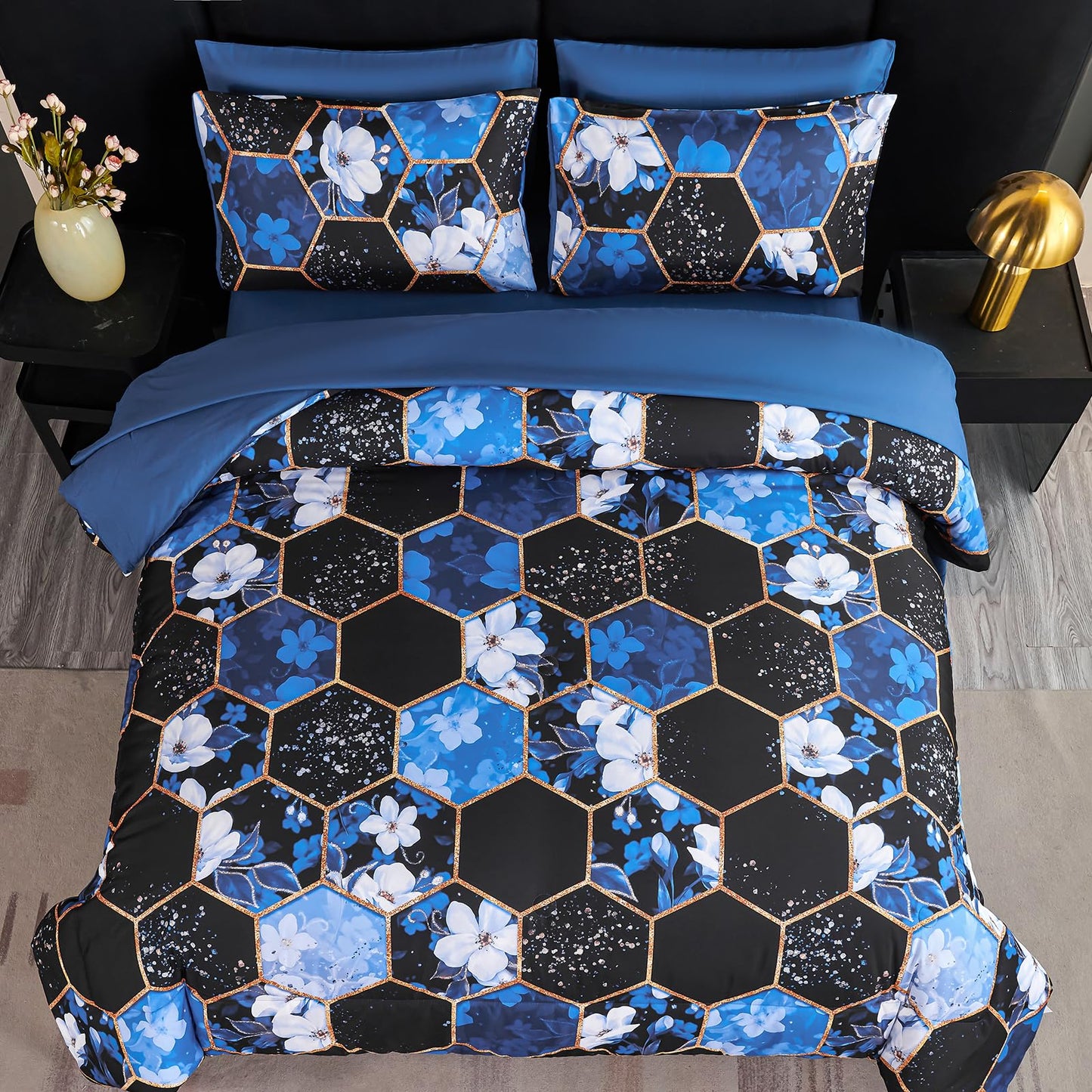 ZRNBAST Queen Comforter Set 7 Pieces Blue Floral Bedding Set, Geometric Bed in A Bag with Sheets and Pillowcases, Soft Microfiber Complete Bedding Sets for All Season(Blue Floral,Queen)