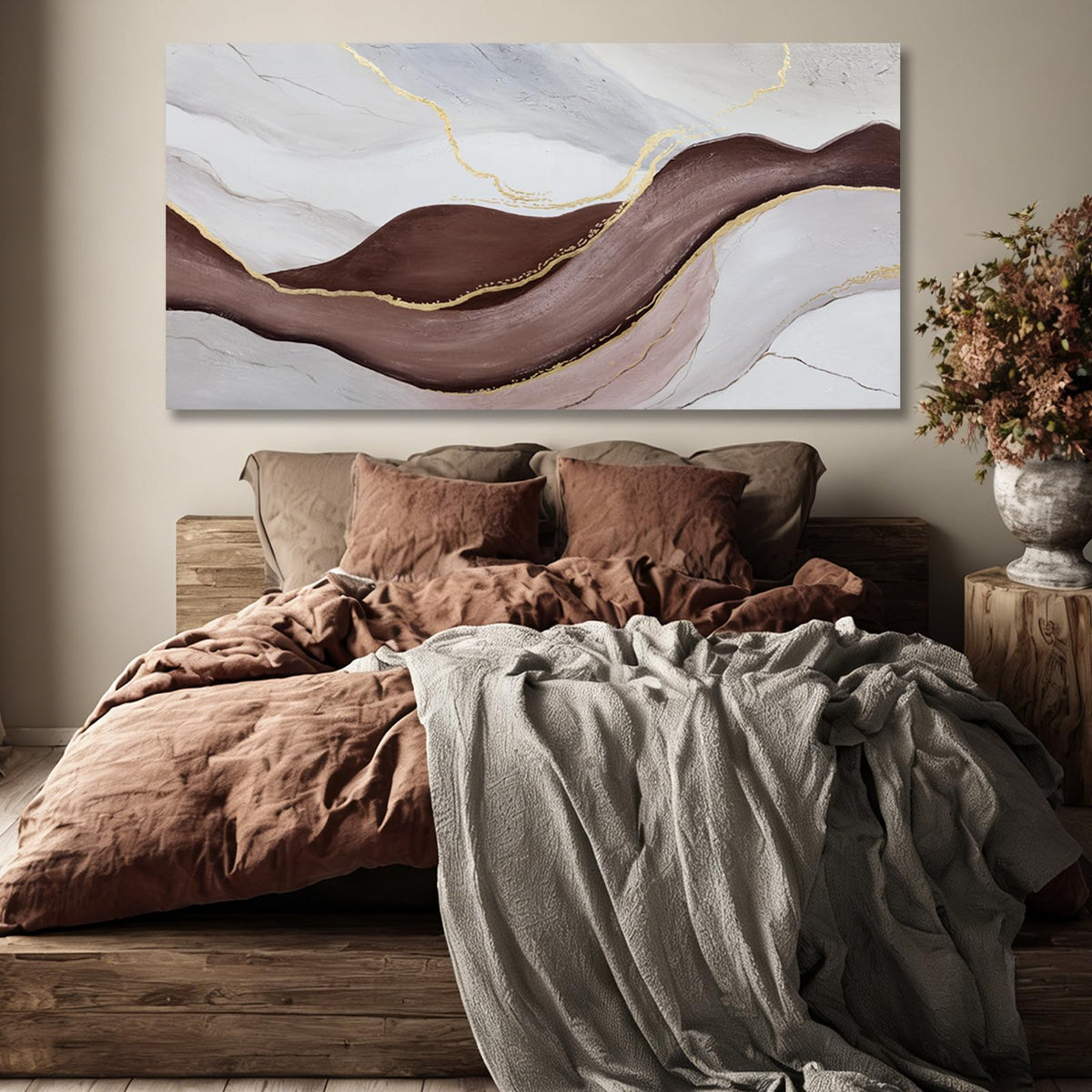 Hue7Art Modern Abstract Canvas Wall Art Neutral Flowing Lines Painting in White Gray and Brown, Minimalist Contemporary Artwork for Living Room Bedroom Office Wall Decor 24x48 Inch