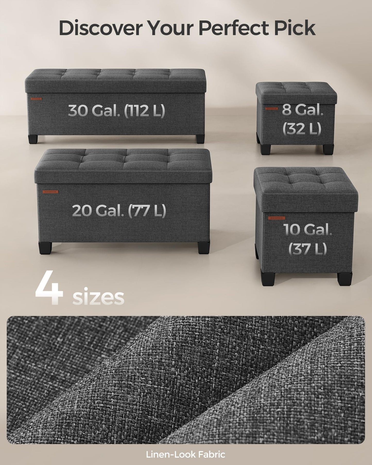 SONGMICS Storage Ottoman, Small Ottoman Foot Rest with Legs, 15 x 15 x 15.7 Inches Foot Stool, Load up to 660 lb, for Living Room, Bedroom, Dorm, Dark Gray ULSF14GYZ
