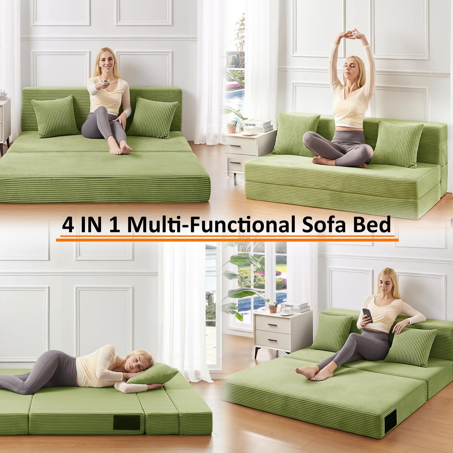 JKMAX Single Size Folding Sofa Bed - 4 in 1 Convertible Sleeper Chair - High Density Memory Foam Futon Couch - Foldable Bed for Living Room Bedroom (Green)