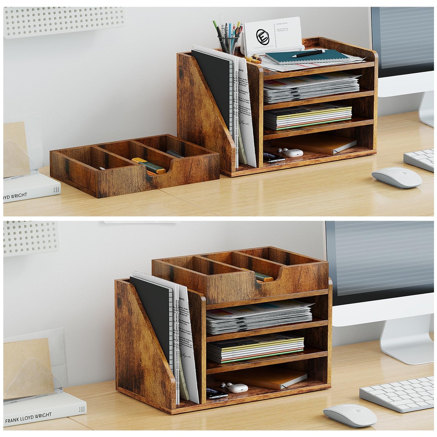 NiOffice Wood Desk File Organizer with Side File Rack, Space-Efficient Design Easy to Assemble for Efficient Office Setup, Reduces Desk Clutter (Brown)