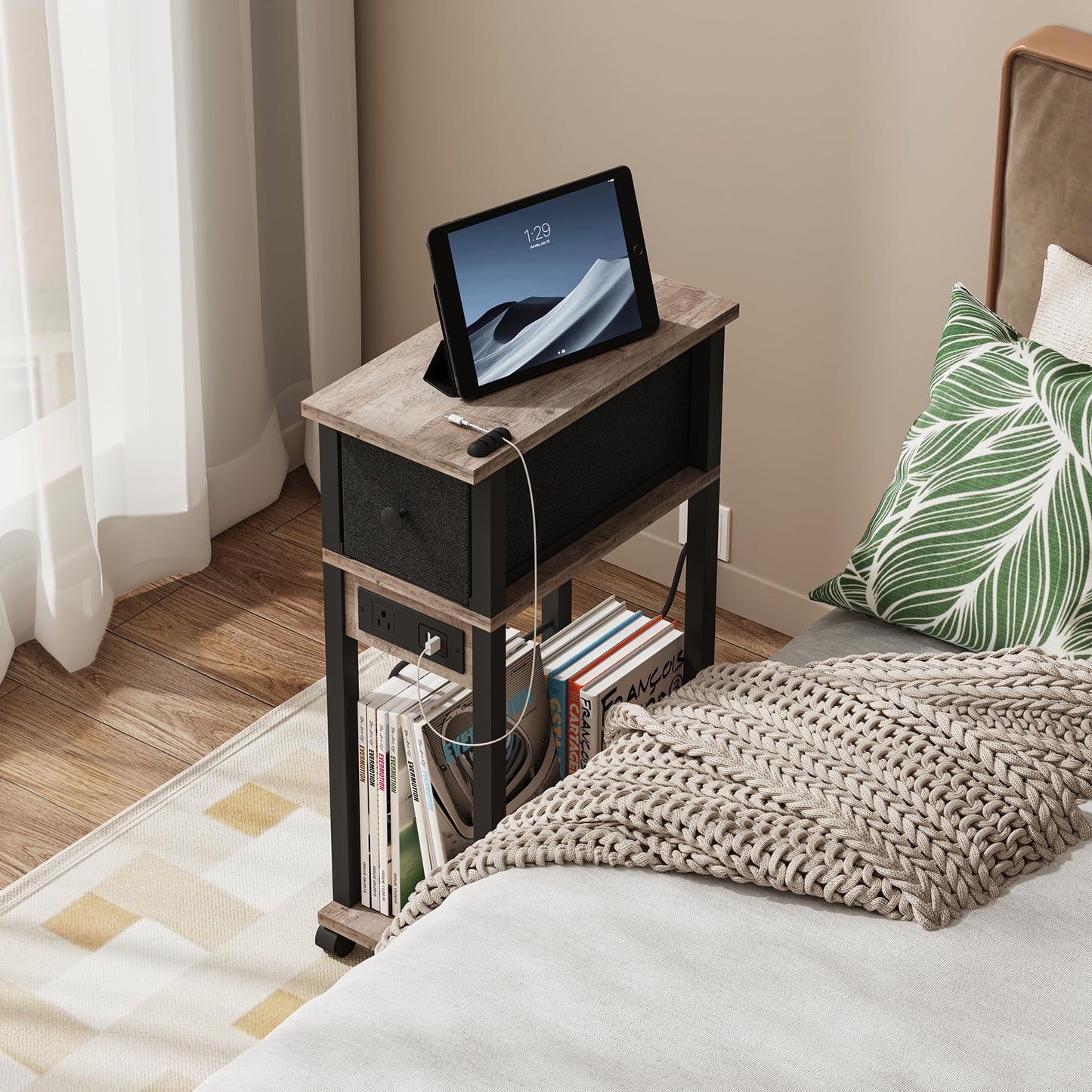 DGSANDGO Narrow Side Table (1PC) - Grey & Black Two-Tone End Table with Charging Station Drawer & 4 Wheels, Personalized Mobile Storage Nightstand for Bedroom Living Room (1 AC + 2 USB Ports)