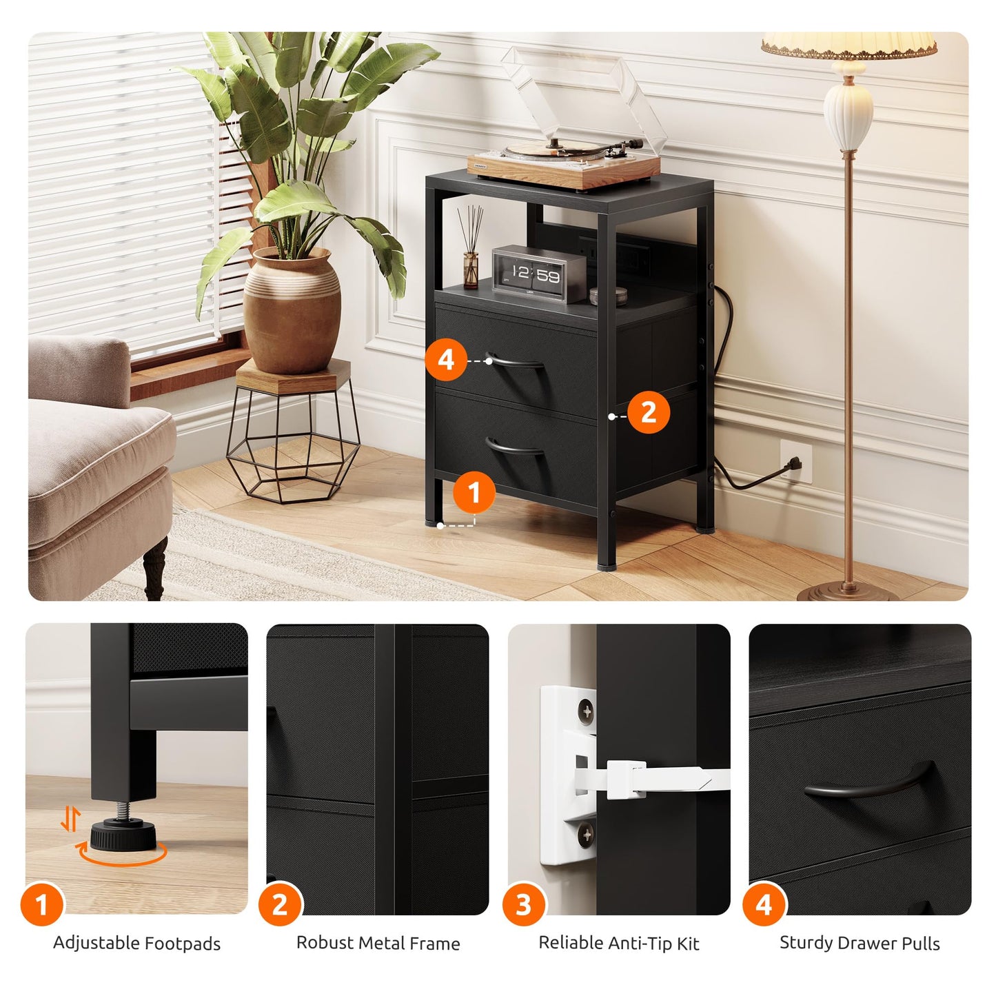 Lazzanto Nightstand Bedside Charger Table for Bedroom - Night Stand with Charging Station, Modern Nightstand with Open Shelf & 2 Fabric Drawers, Bed Side Table with USB-C Port for Dorm, Black