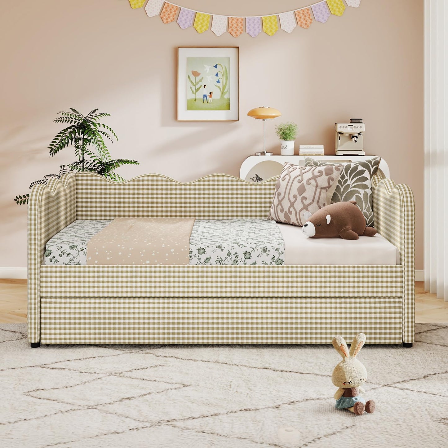 Twin Size Daybed with Pop Up Trundle, Twin to King Gingham Daybed with USB, Upholstery Adorable Wave Shaped Linen Sofa Bed, No Box Spring Needed, Extendable Day Bed for Bedroom, Living Room, Brown